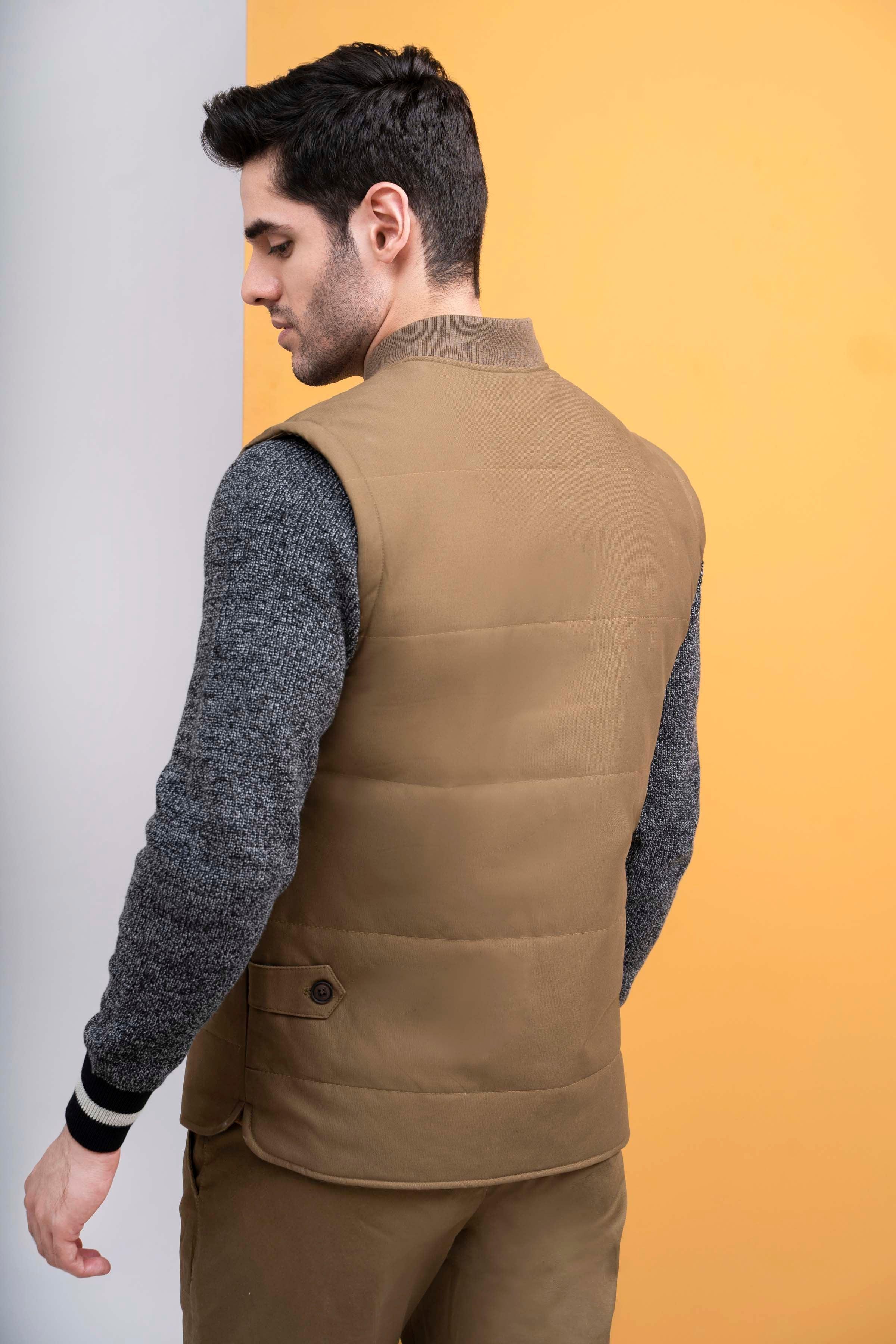 JACKET QUILTED WITH RIB BAN S/L DARK KHAKI at Charcoal Clothing