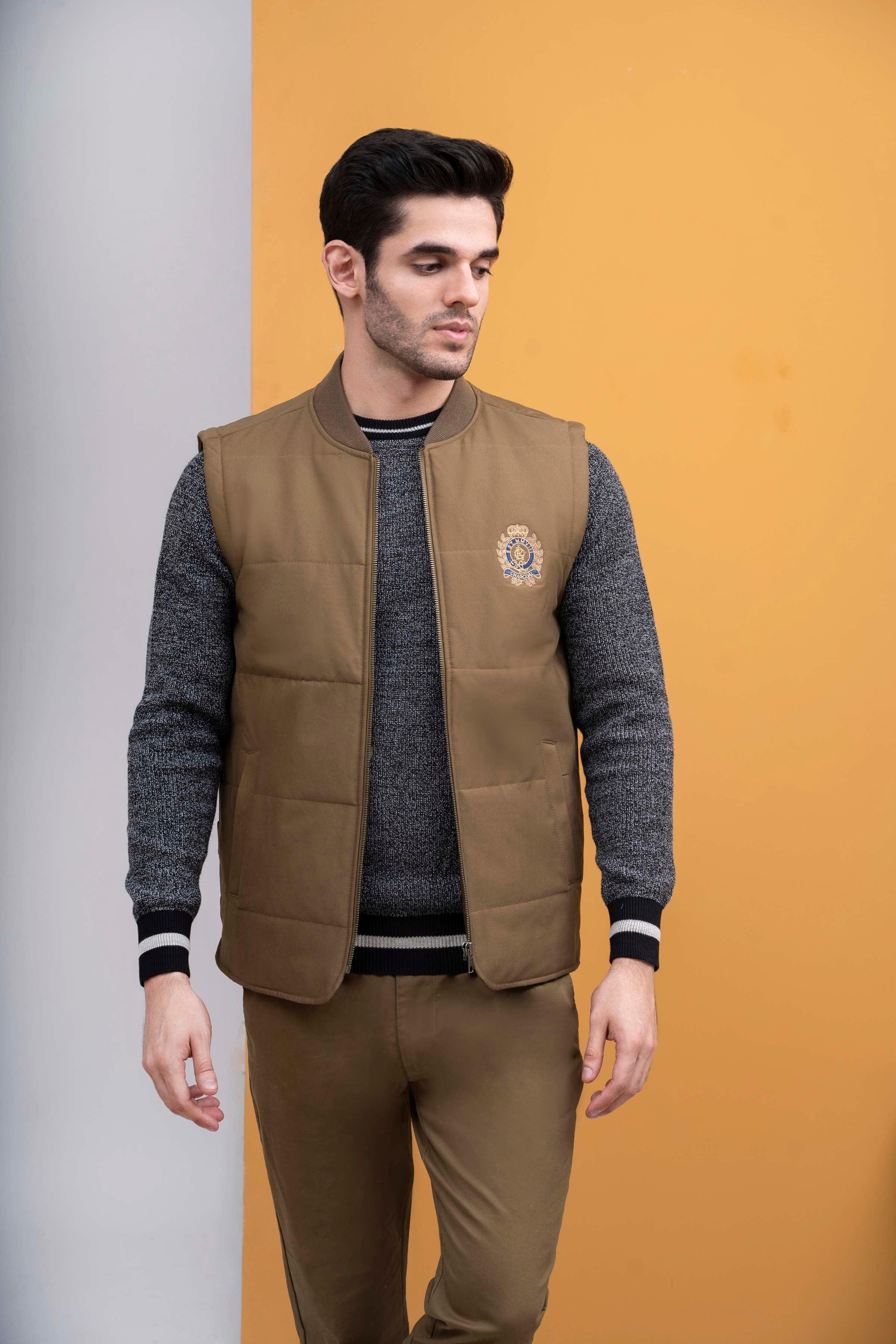 JACKET QUILTED WITH RIB BAN S/L DARK KHAKI at Charcoal Clothing
