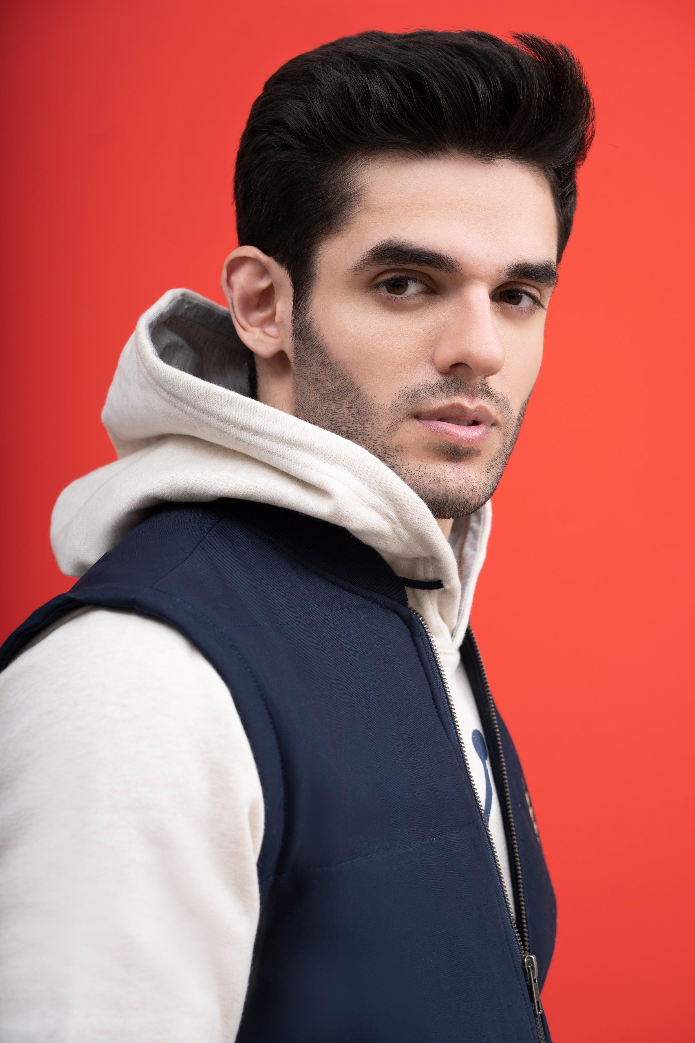 JACKET QUILTED WITH RIB BAN S/L NAVY at Charcoal Clothing