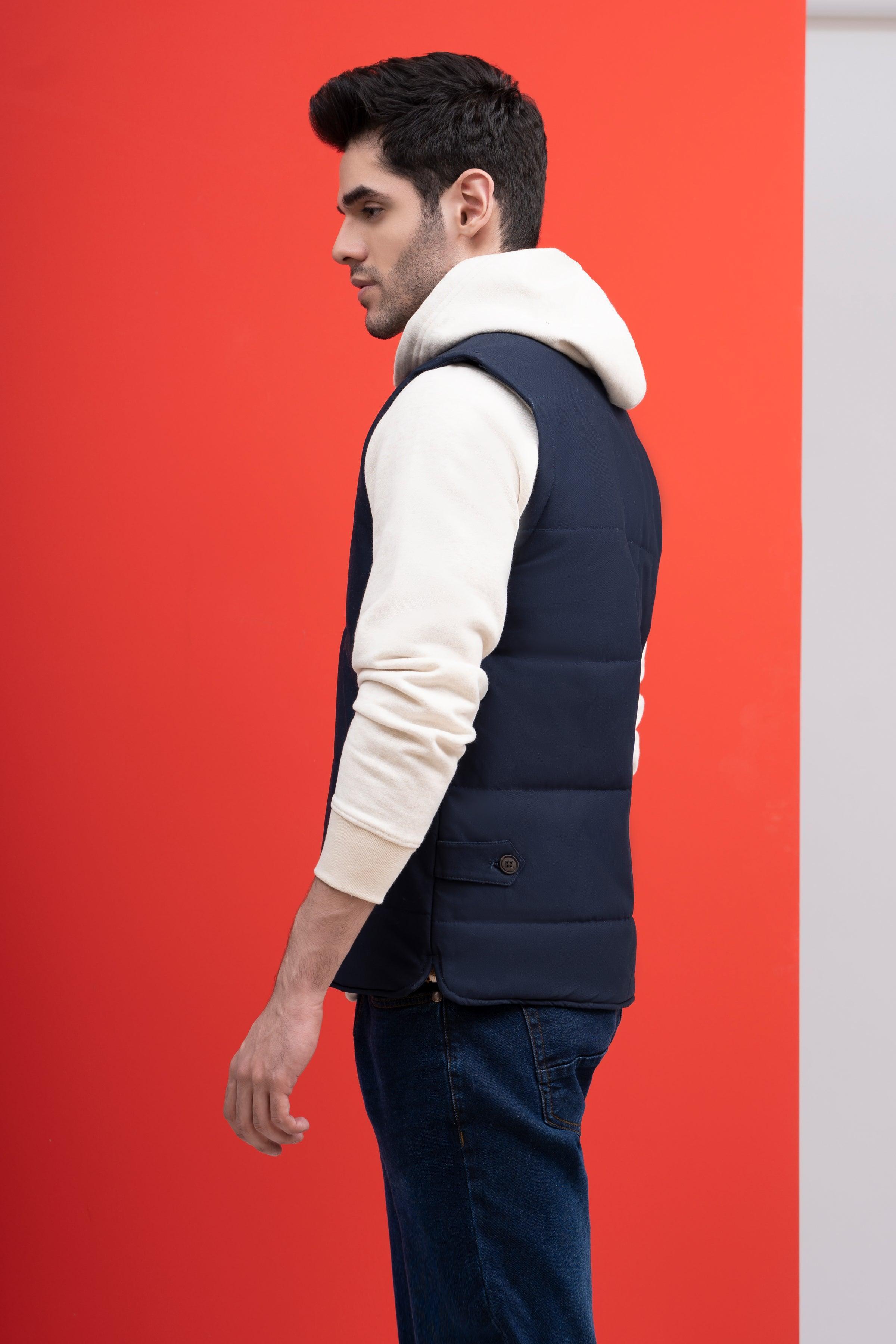 JACKET QUILTED WITH RIB BAN S/L NAVY at Charcoal Clothing