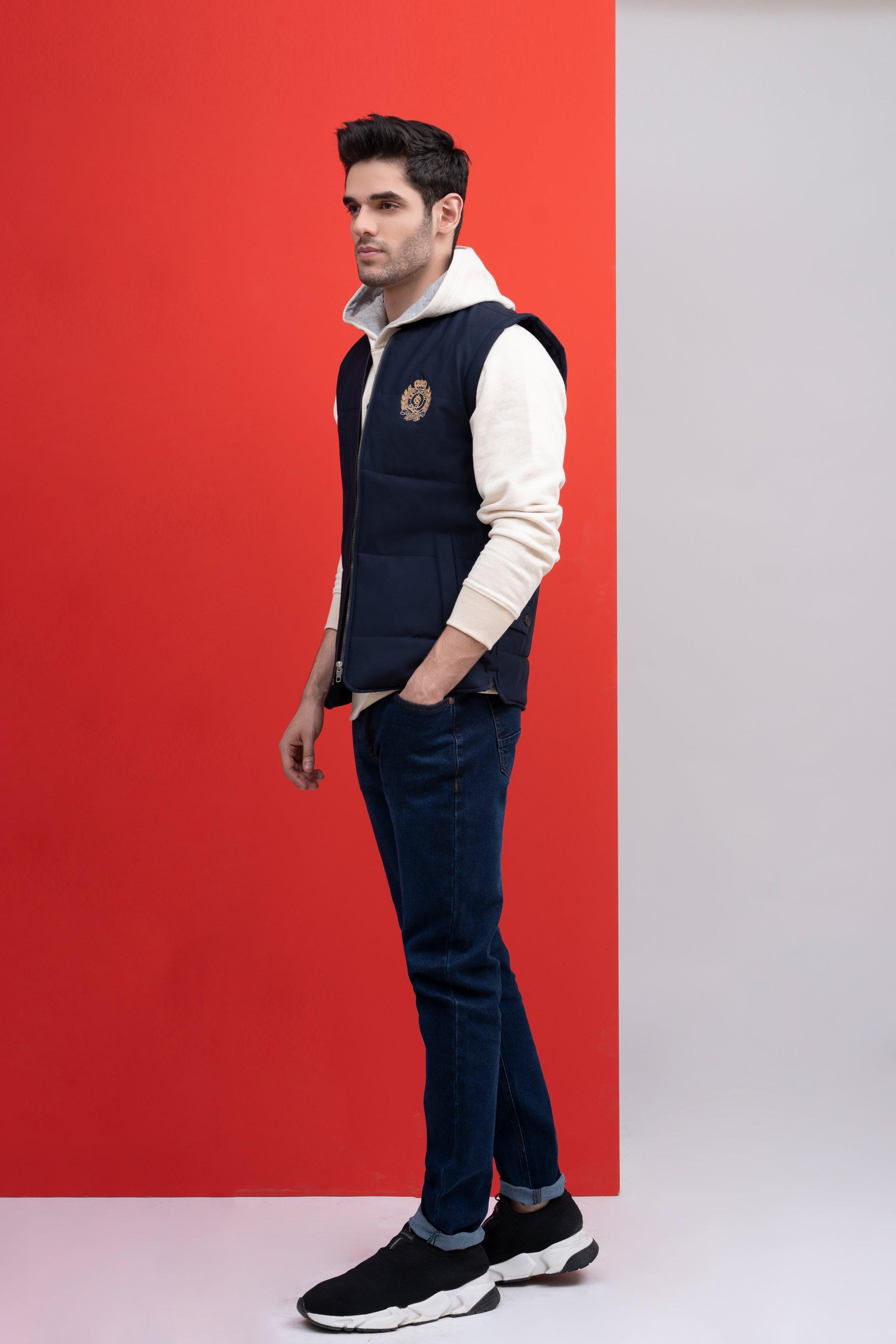 JACKET QUILTED WITH RIB BAN S/L NAVY at Charcoal Clothing