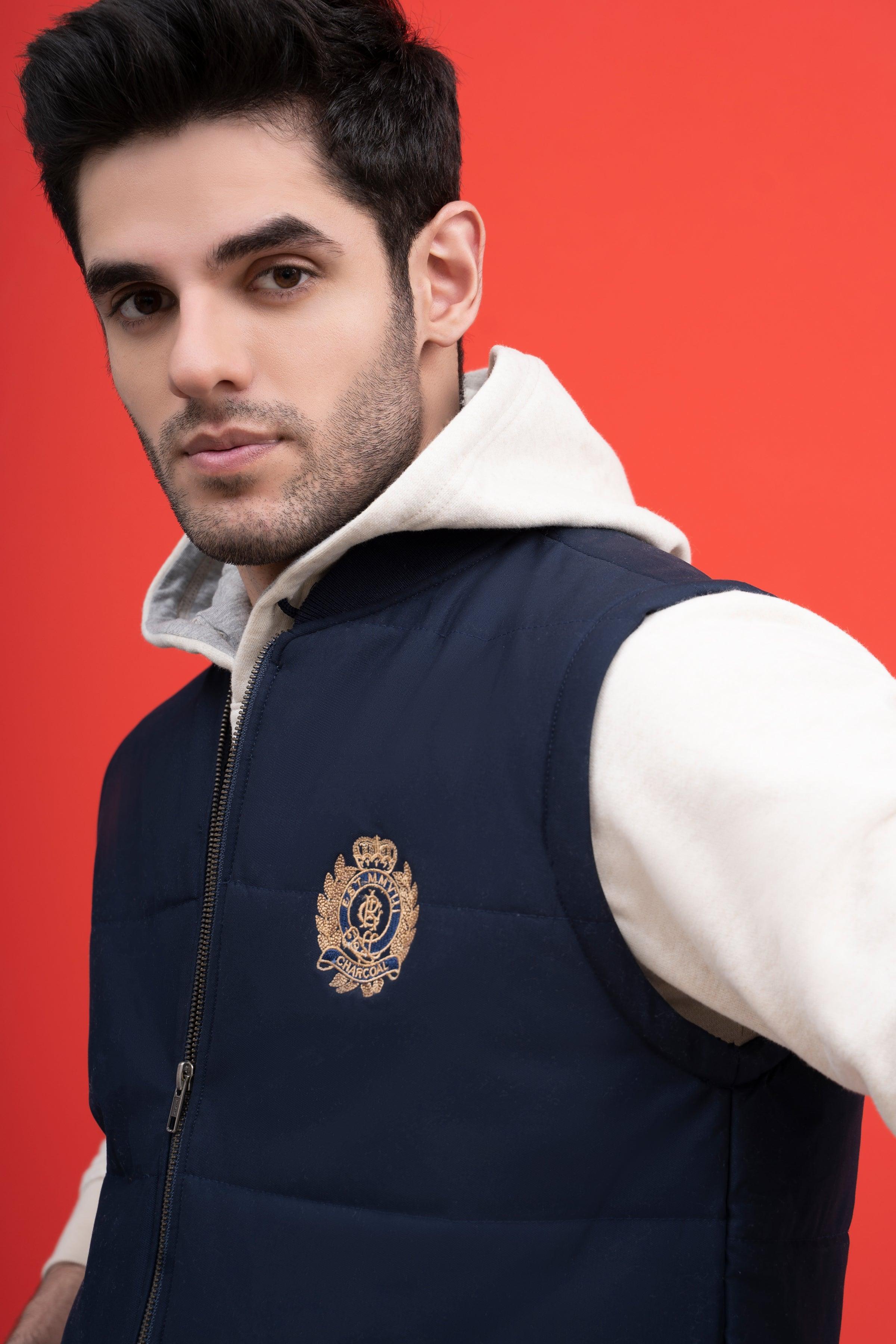 JACKET QUILTED WITH RIB BAN S/L NAVY at Charcoal Clothing