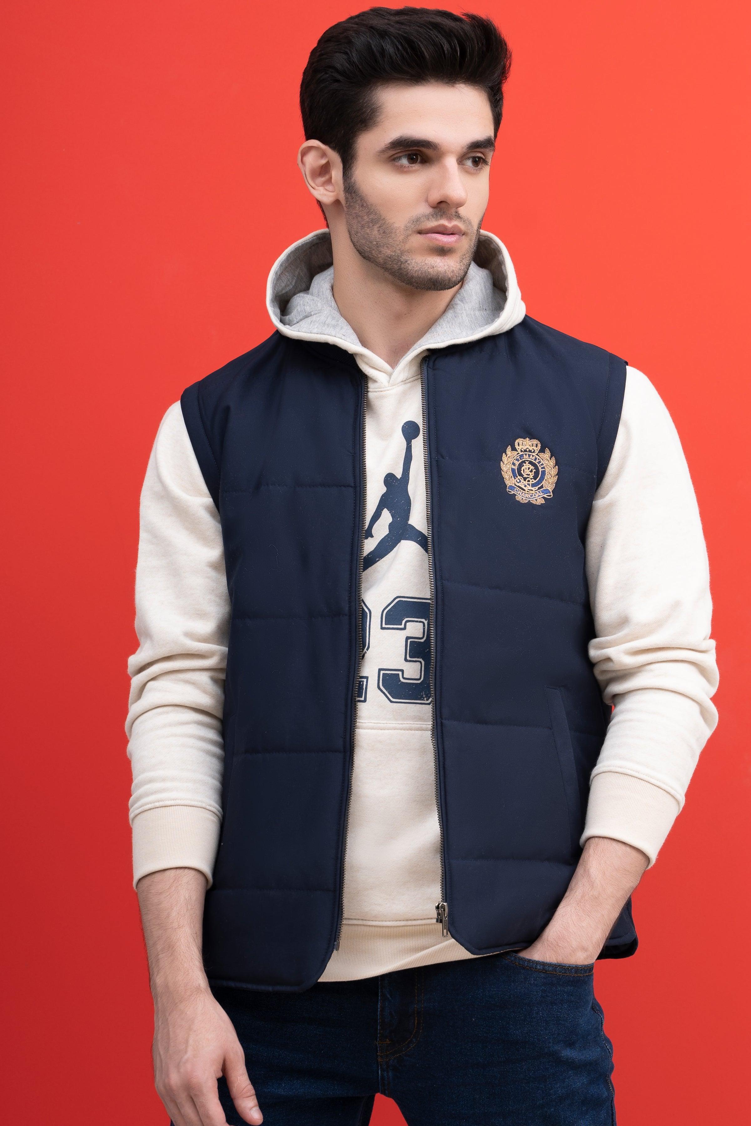 JACKET QUILTED WITH RIB BAN S/L NAVY at Charcoal Clothing
