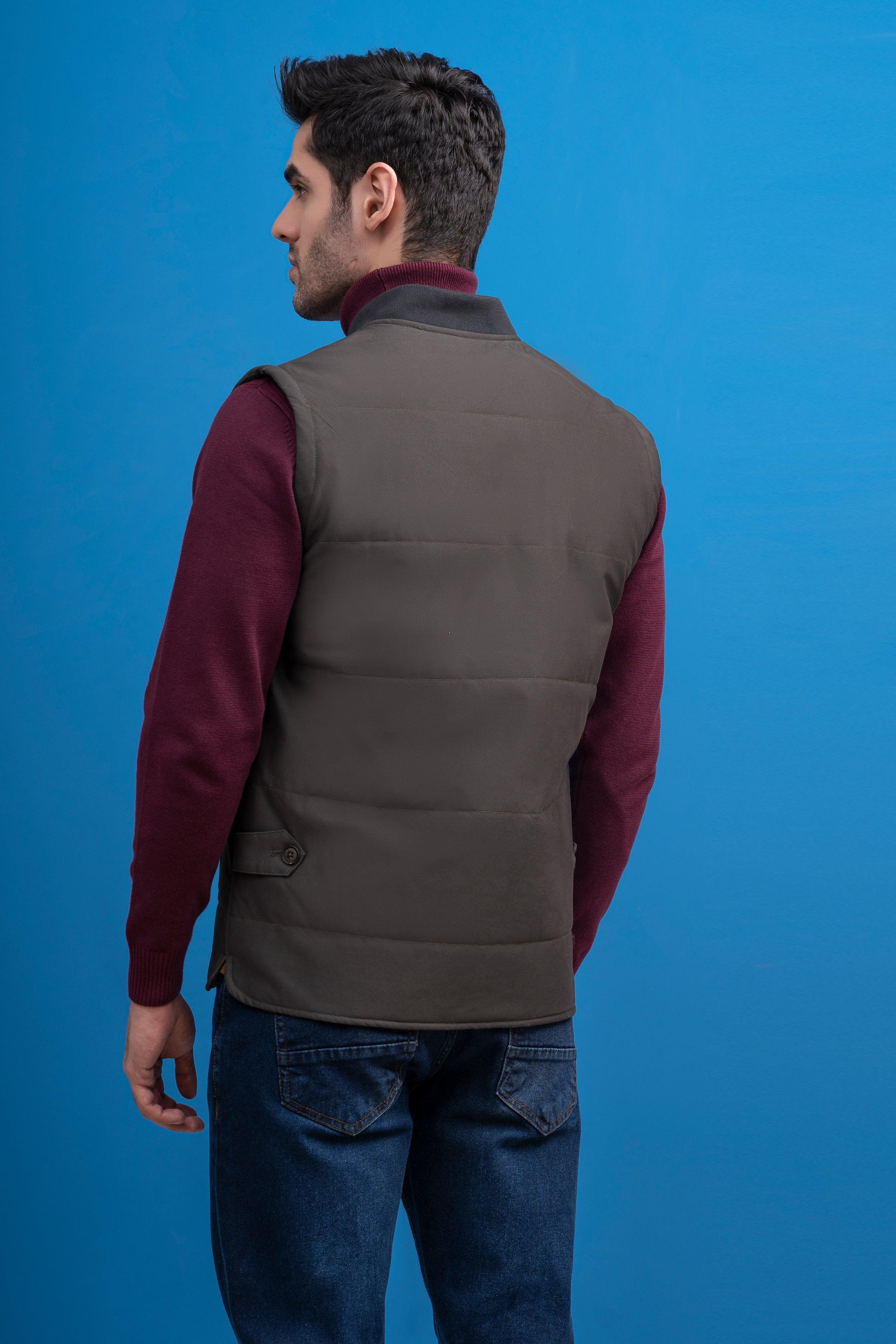 JACKET QUILTED WITH RIB BAN S/L OLIVE GREY at Charcoal Clothing