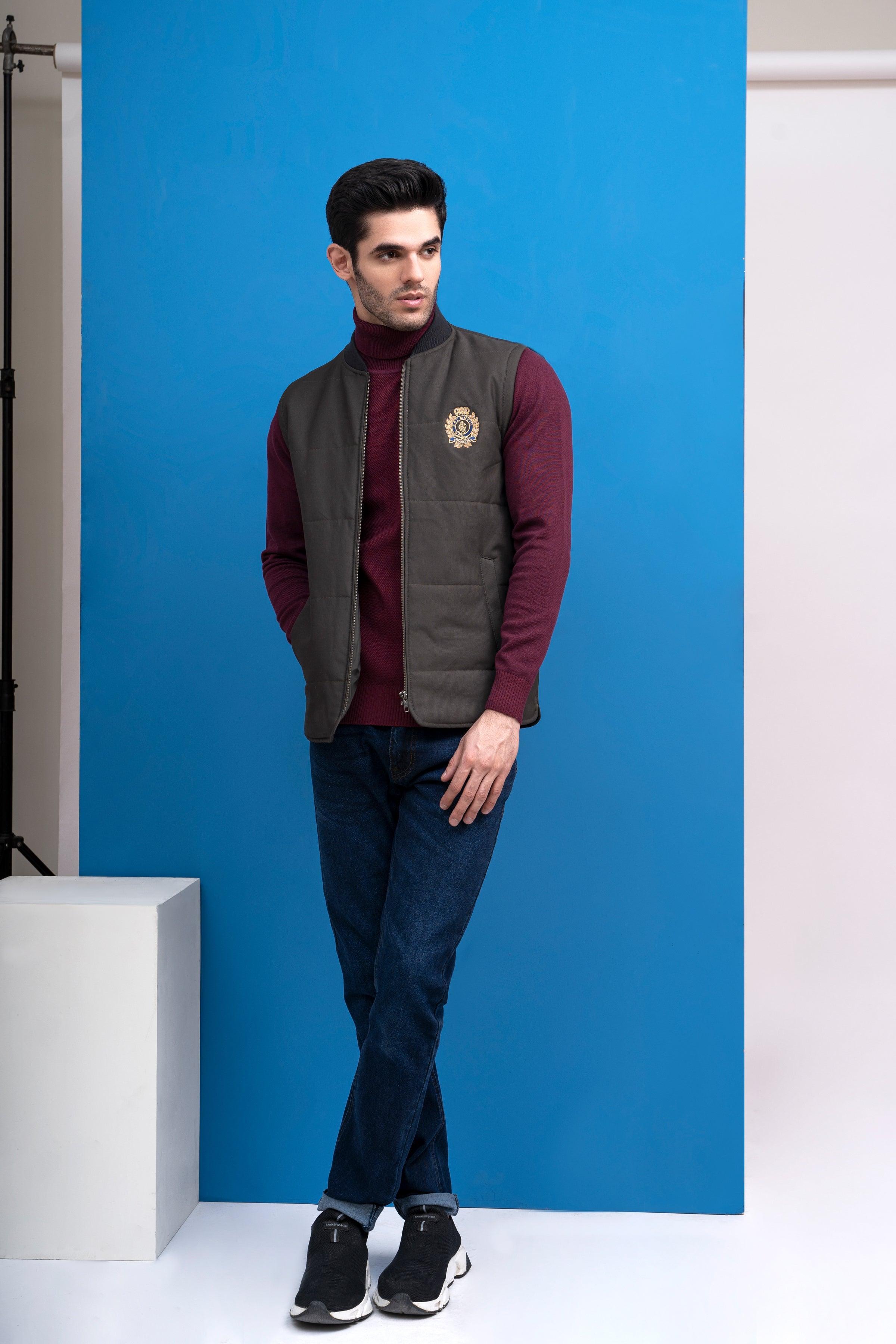JACKET QUILTED WITH RIB BAN S/L OLIVE GREY at Charcoal Clothing