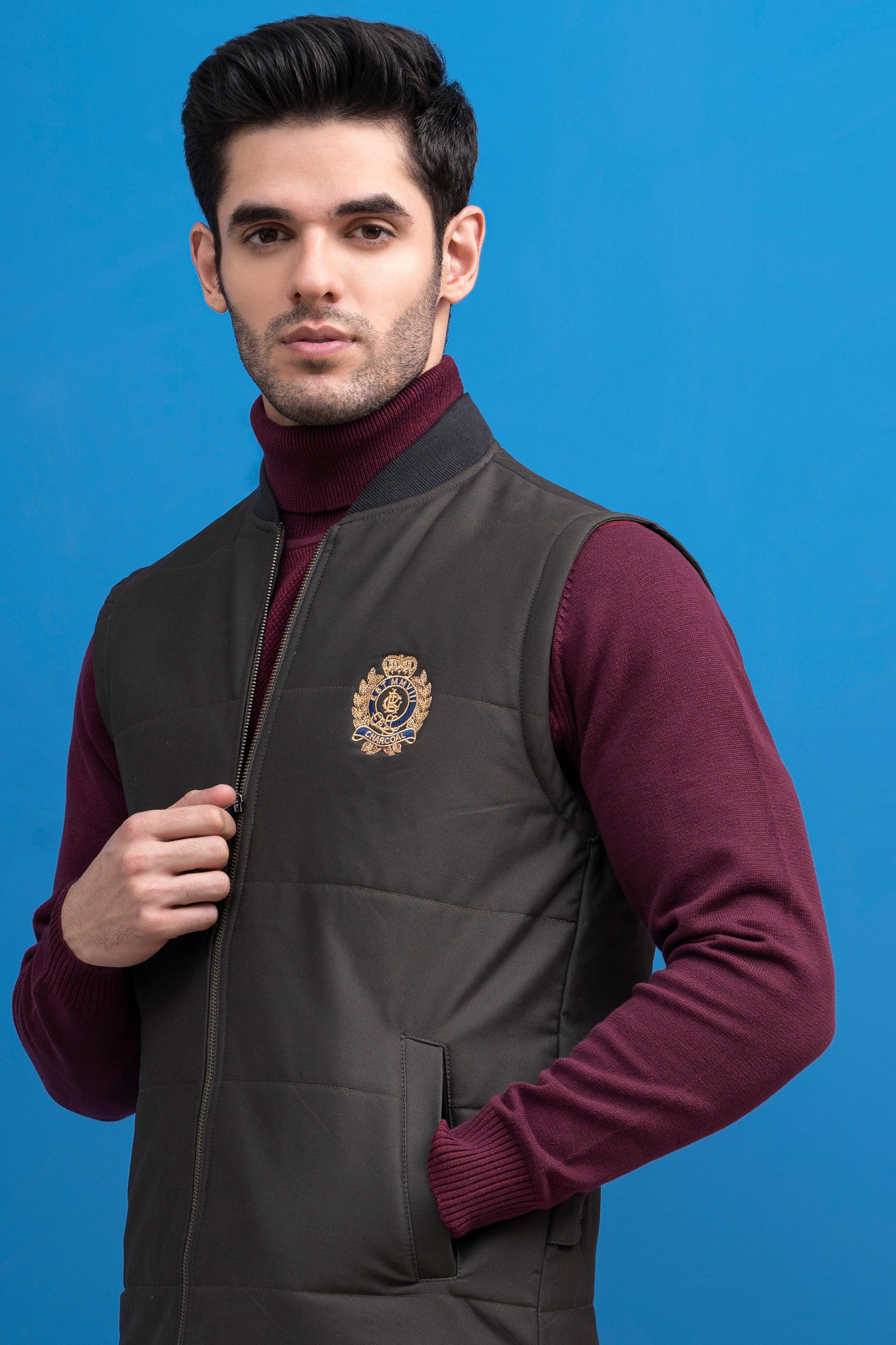 JACKET QUILTED WITH RIB BAN S/L OLIVE GREY at Charcoal Clothing
