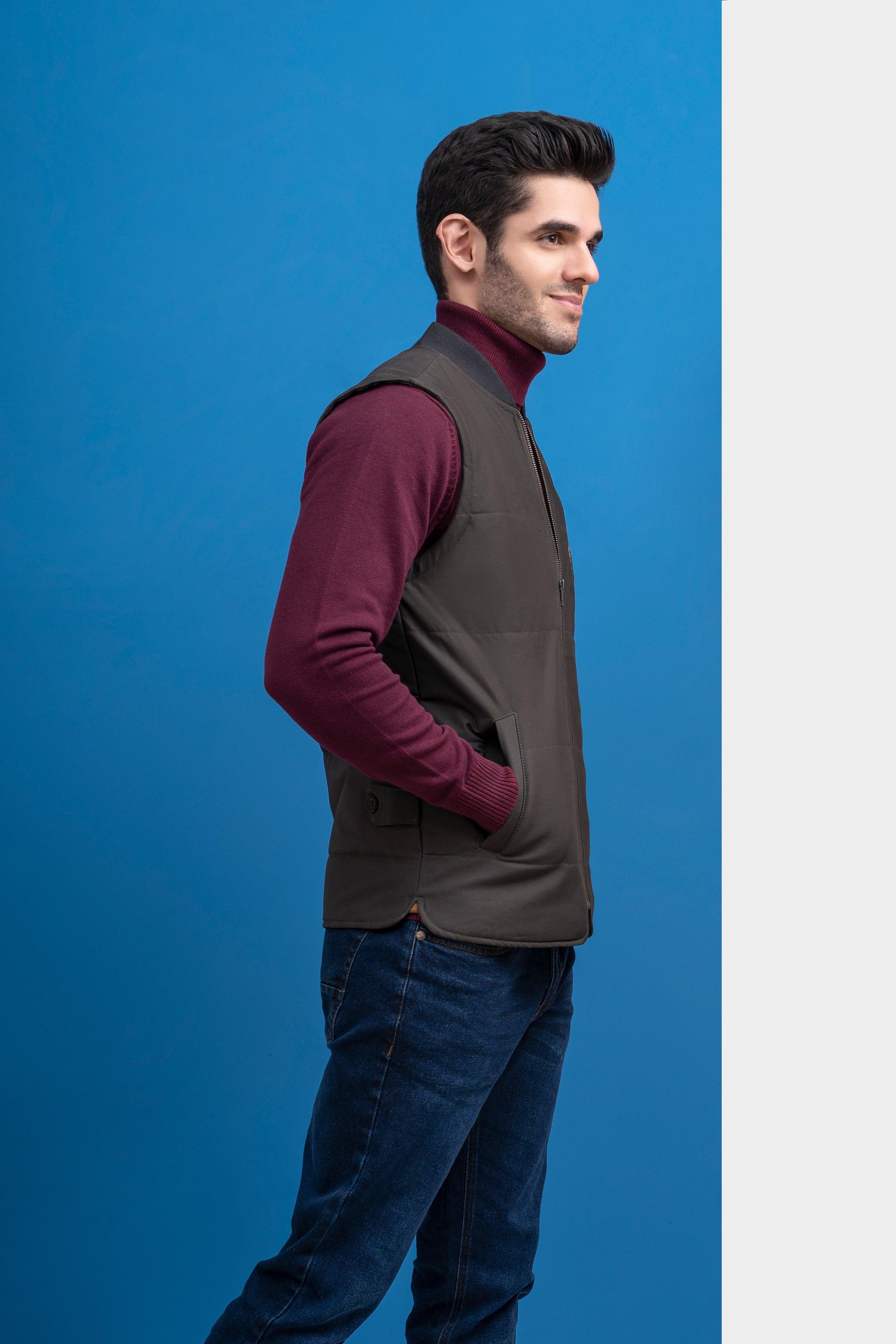 JACKET QUILTED WITH RIB BAN S/L OLIVE GREY at Charcoal Clothing