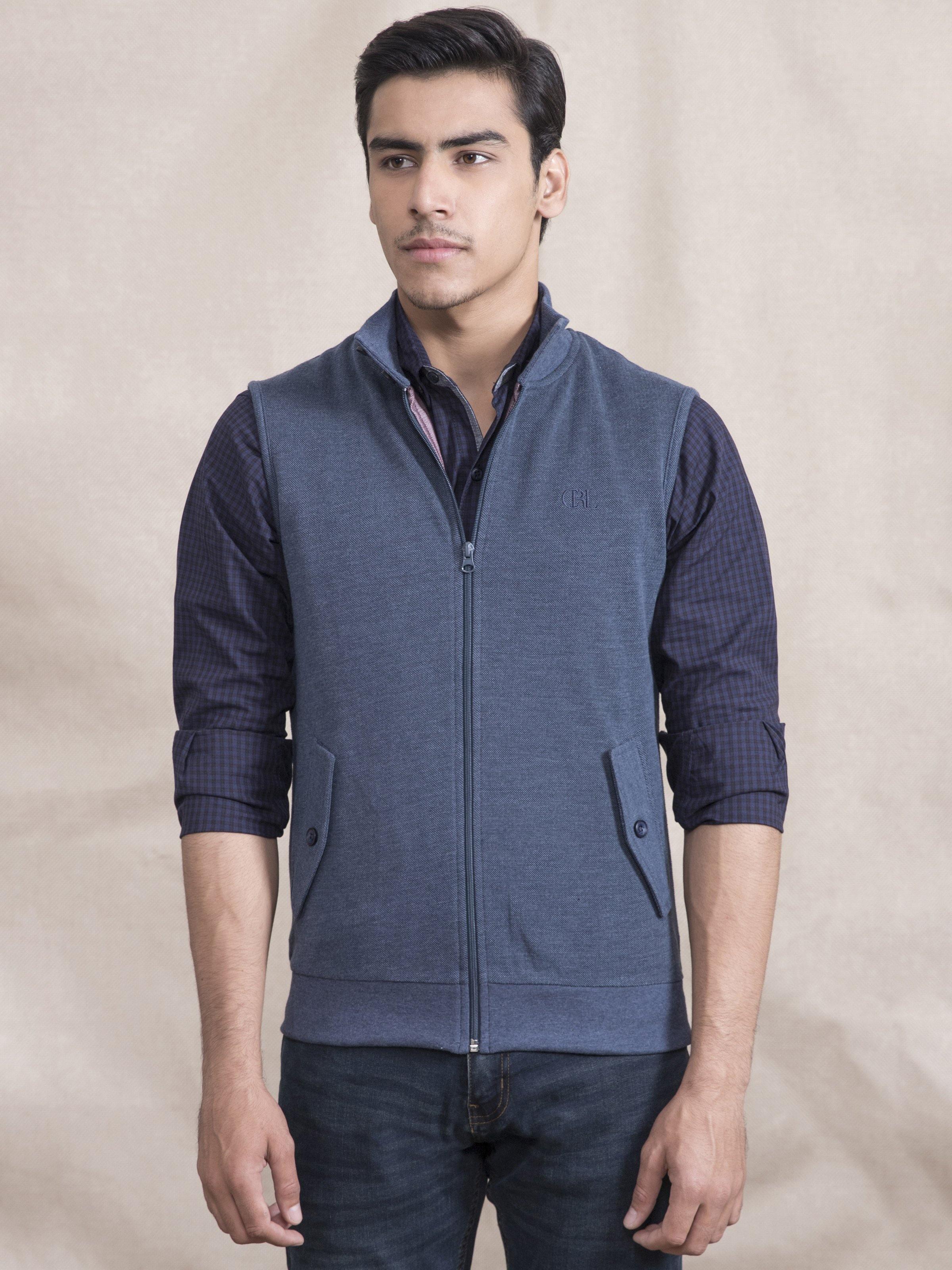 Blue sleeveless zip-up jacket with stand collar and two front pockets
