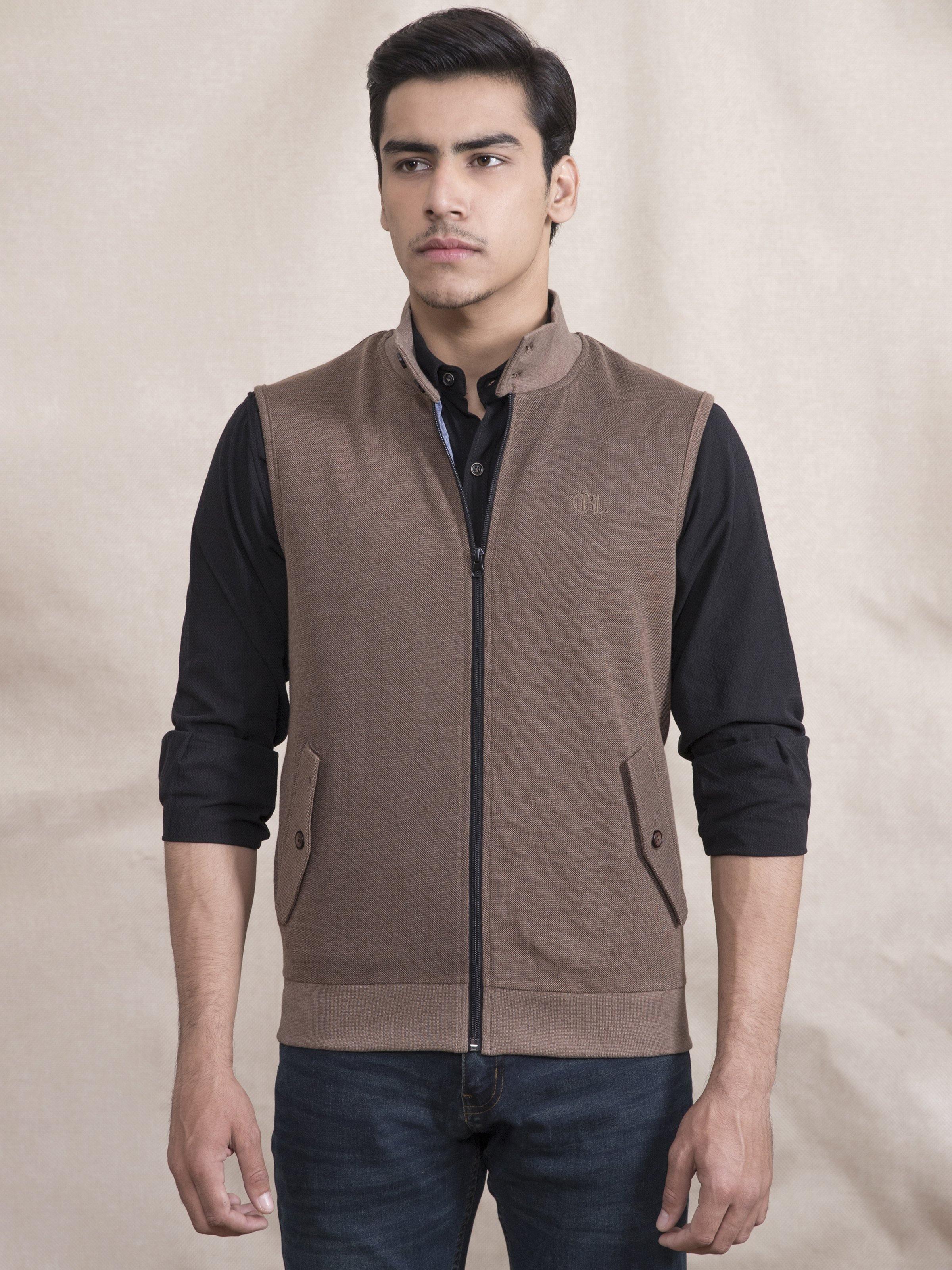 Brown sleeveless jacket with front zipper and side pockets