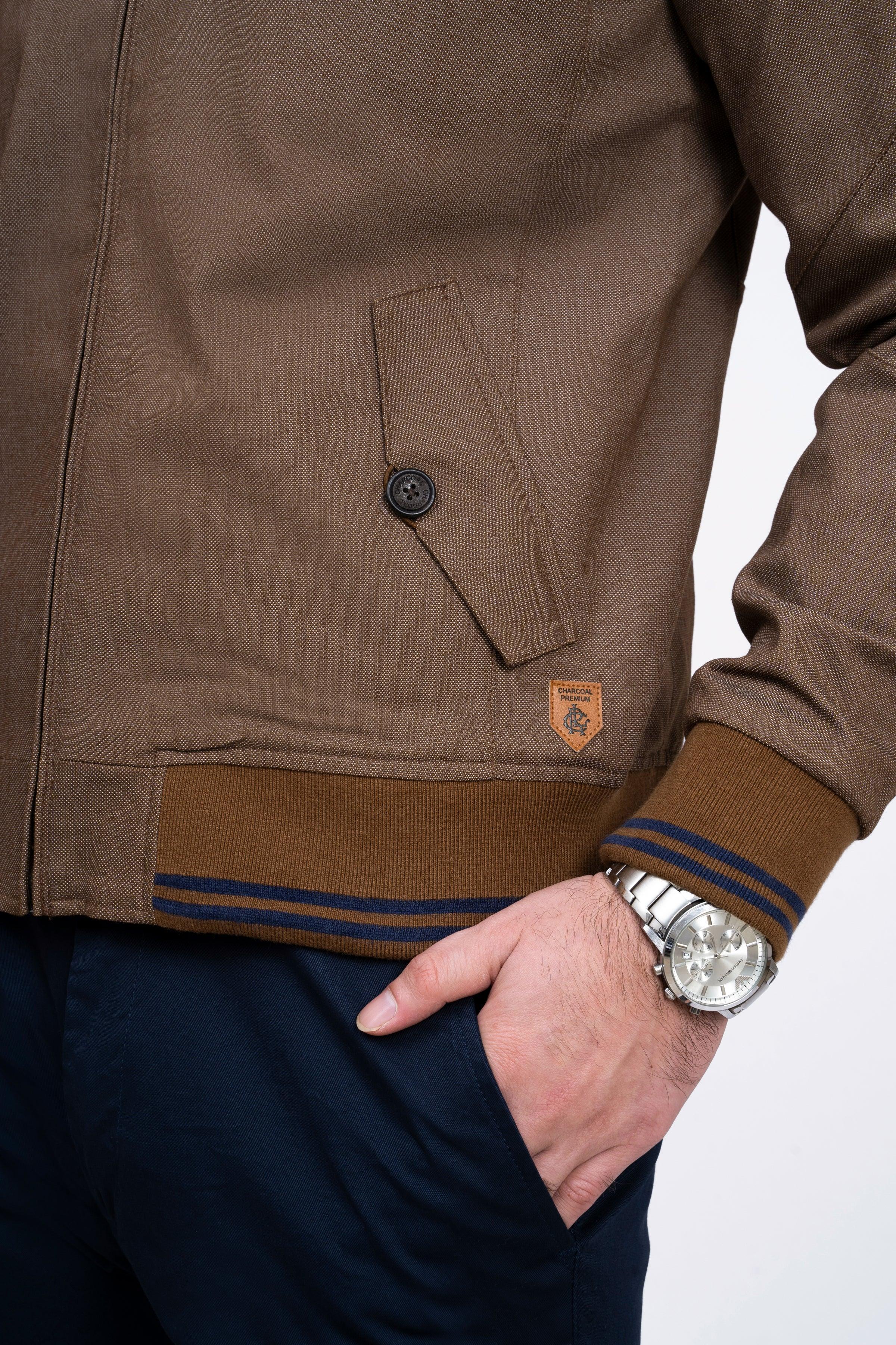 JACKET TIPPING BAN COLLAR DARK BROWN at Charcoal Clothing