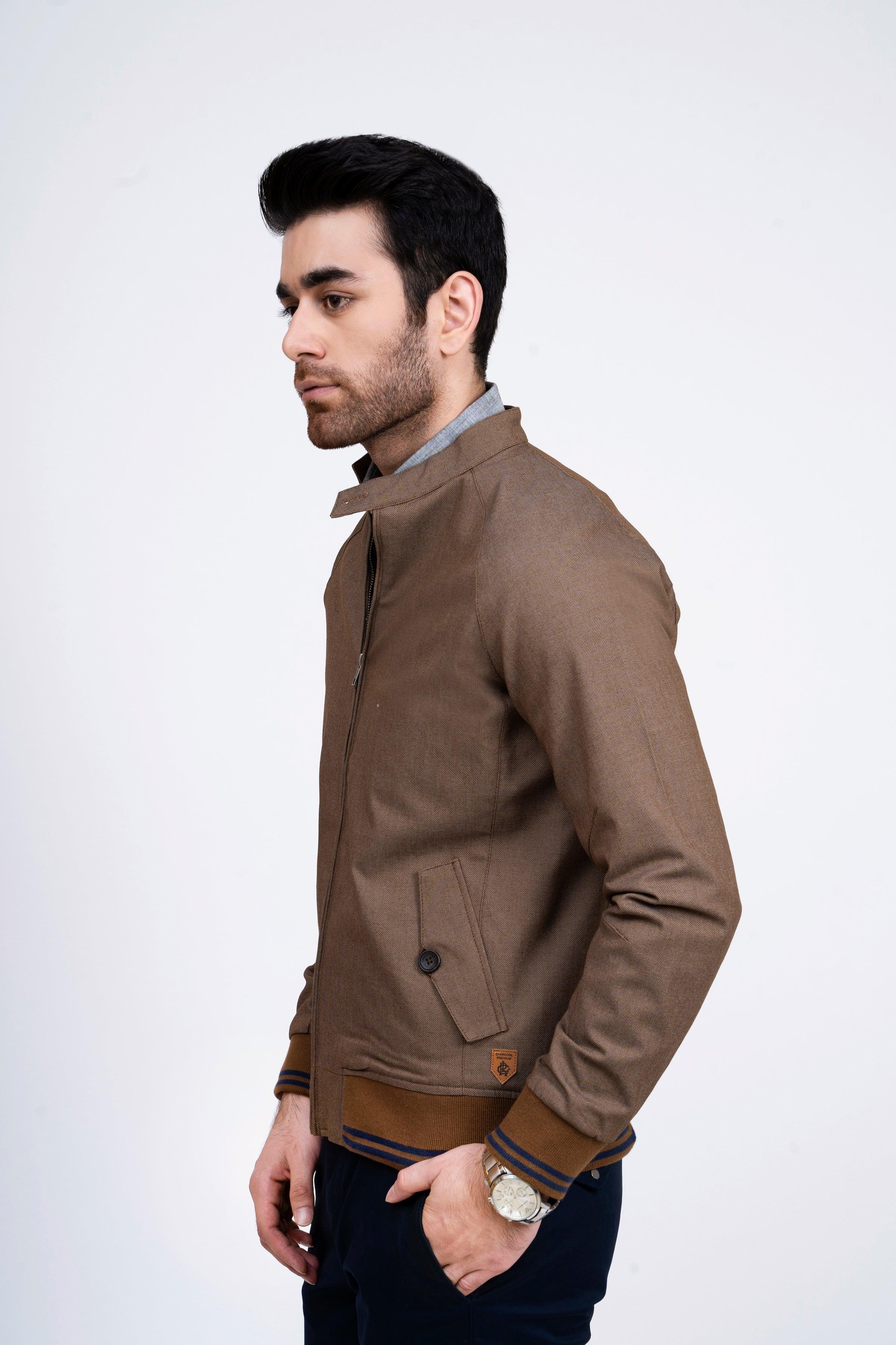JACKET TIPPING BAN COLLAR DARK BROWN at Charcoal Clothing