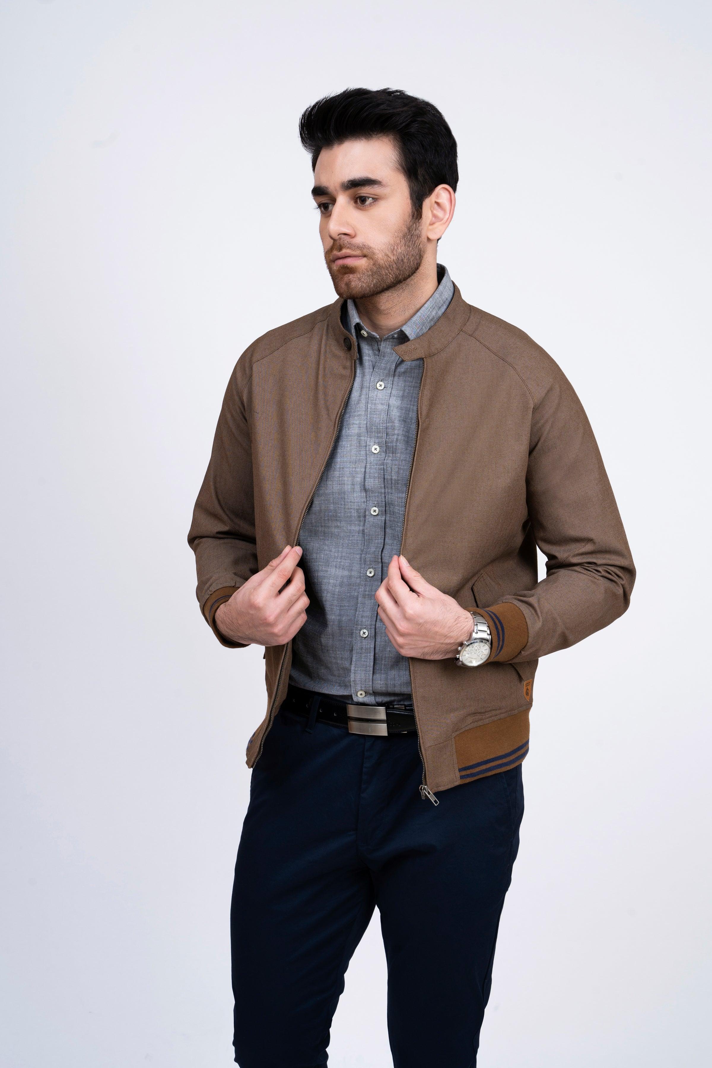 JACKET TIPPING BAN COLLAR DARK BROWN at Charcoal Clothing