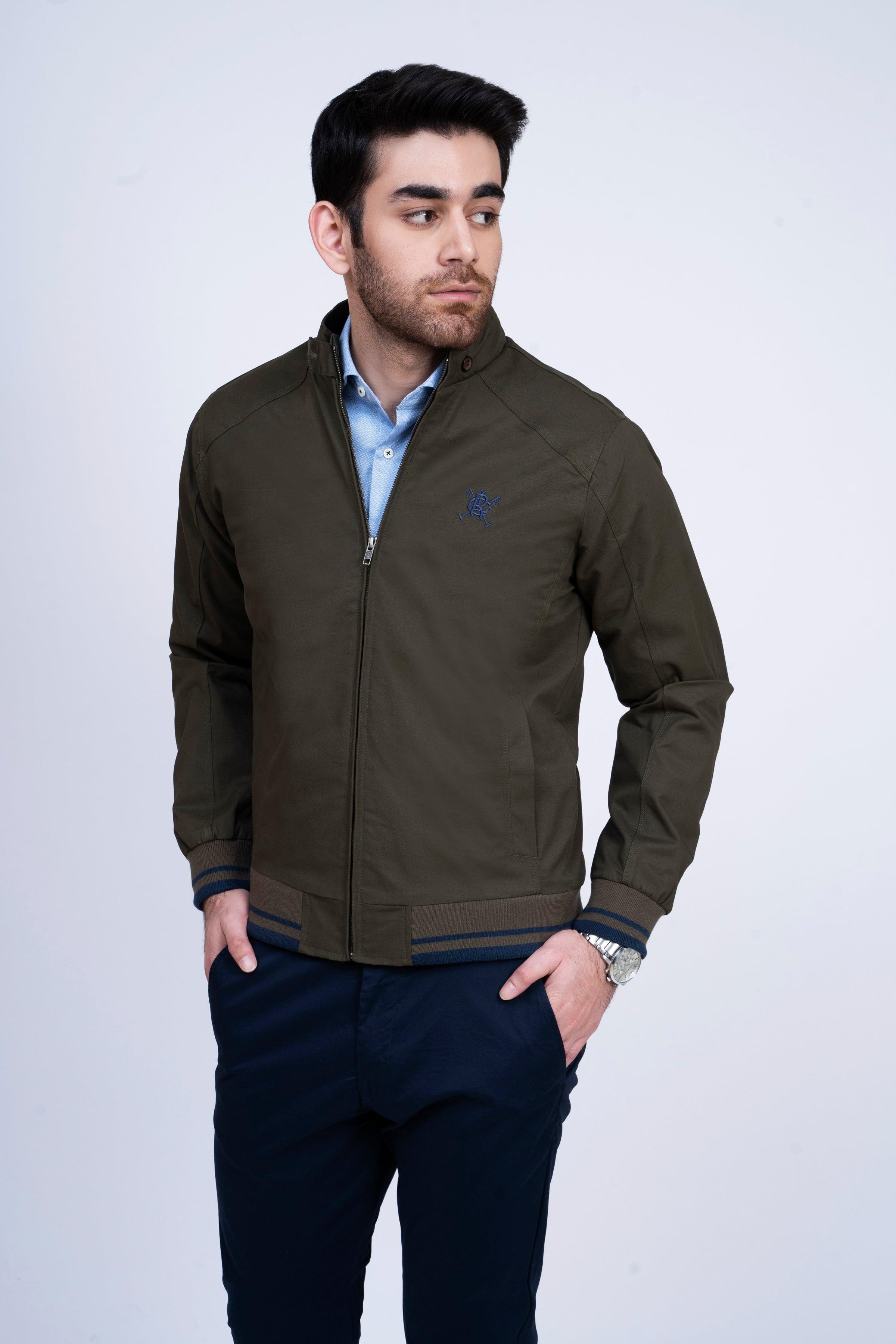 JACKET TIPPING BAN COLLAR DARK OLIVE at Charcoal Clothing