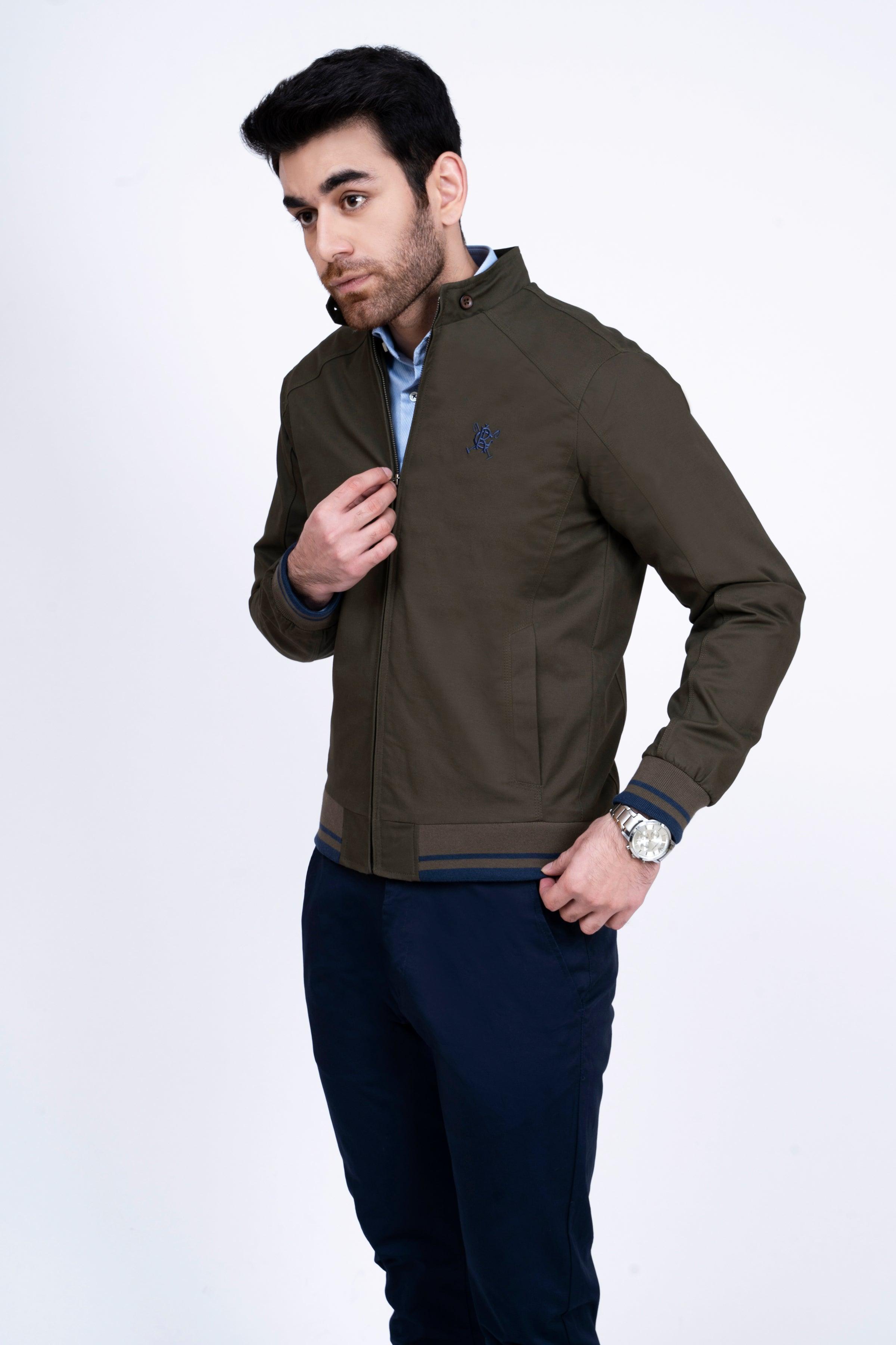JACKET TIPPING BAN COLLAR DARK OLIVE at Charcoal Clothing