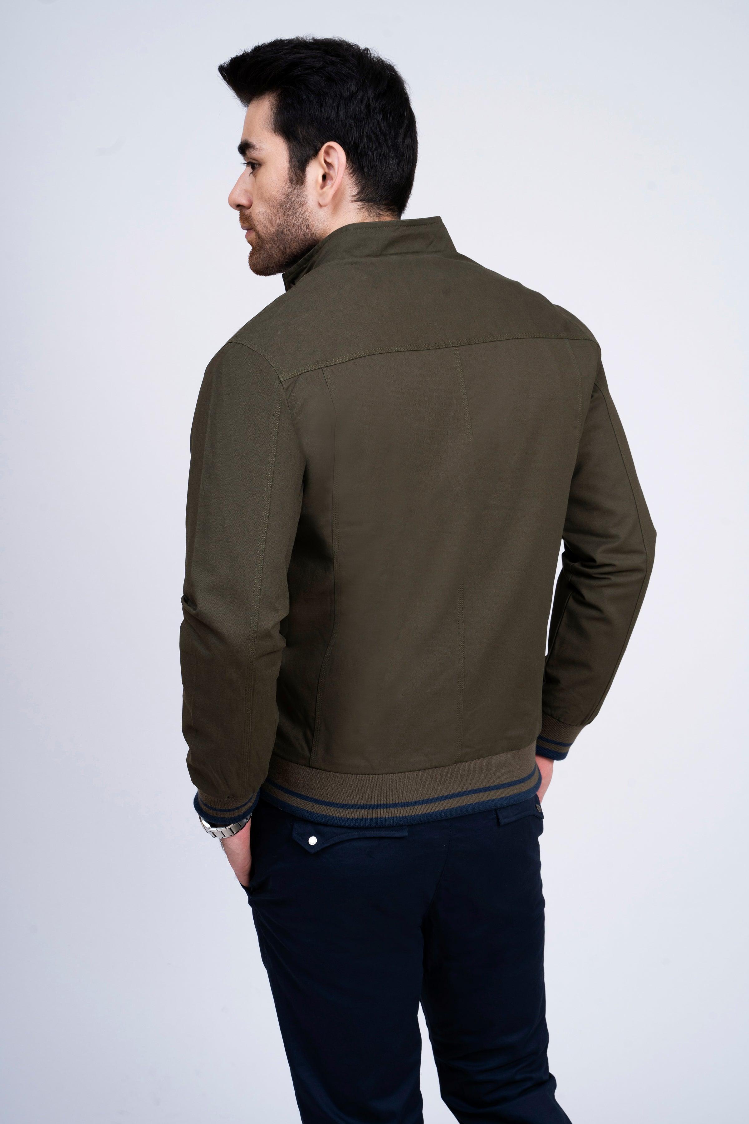 JACKET TIPPING BAN COLLAR DARK OLIVE at Charcoal Clothing