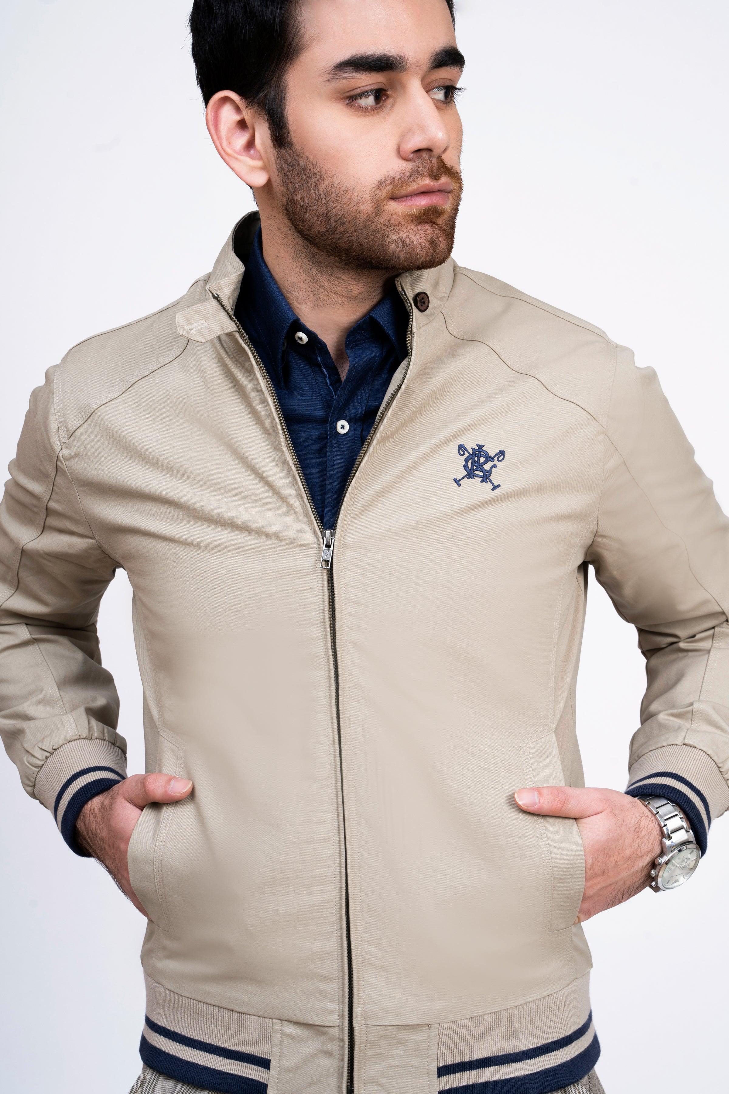 JACKET TIPPING BAN COLLAR LIGHT KHAKI at Charcoal Clothing