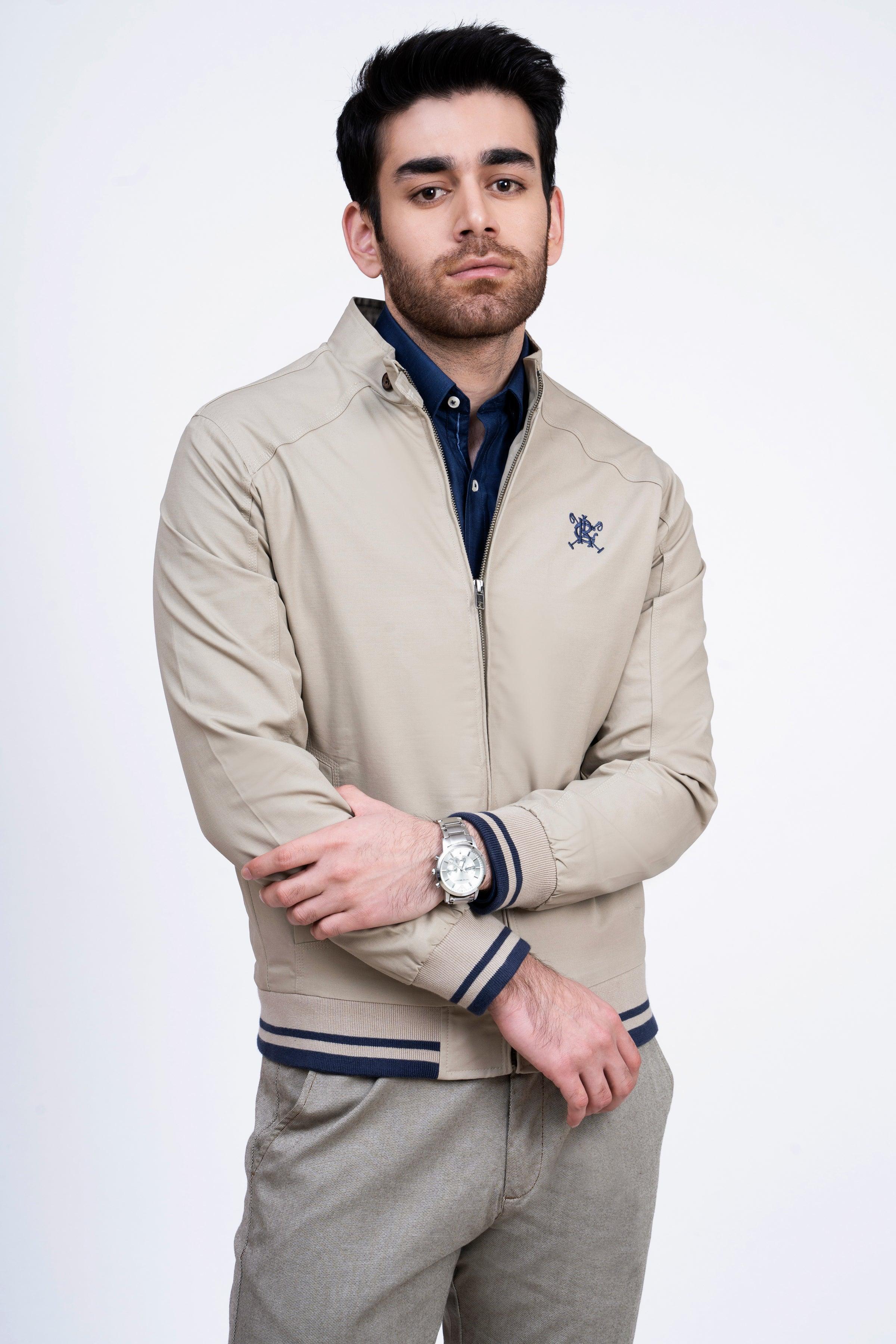 JACKET TIPPING BAN COLLAR LIGHT KHAKI at Charcoal Clothing