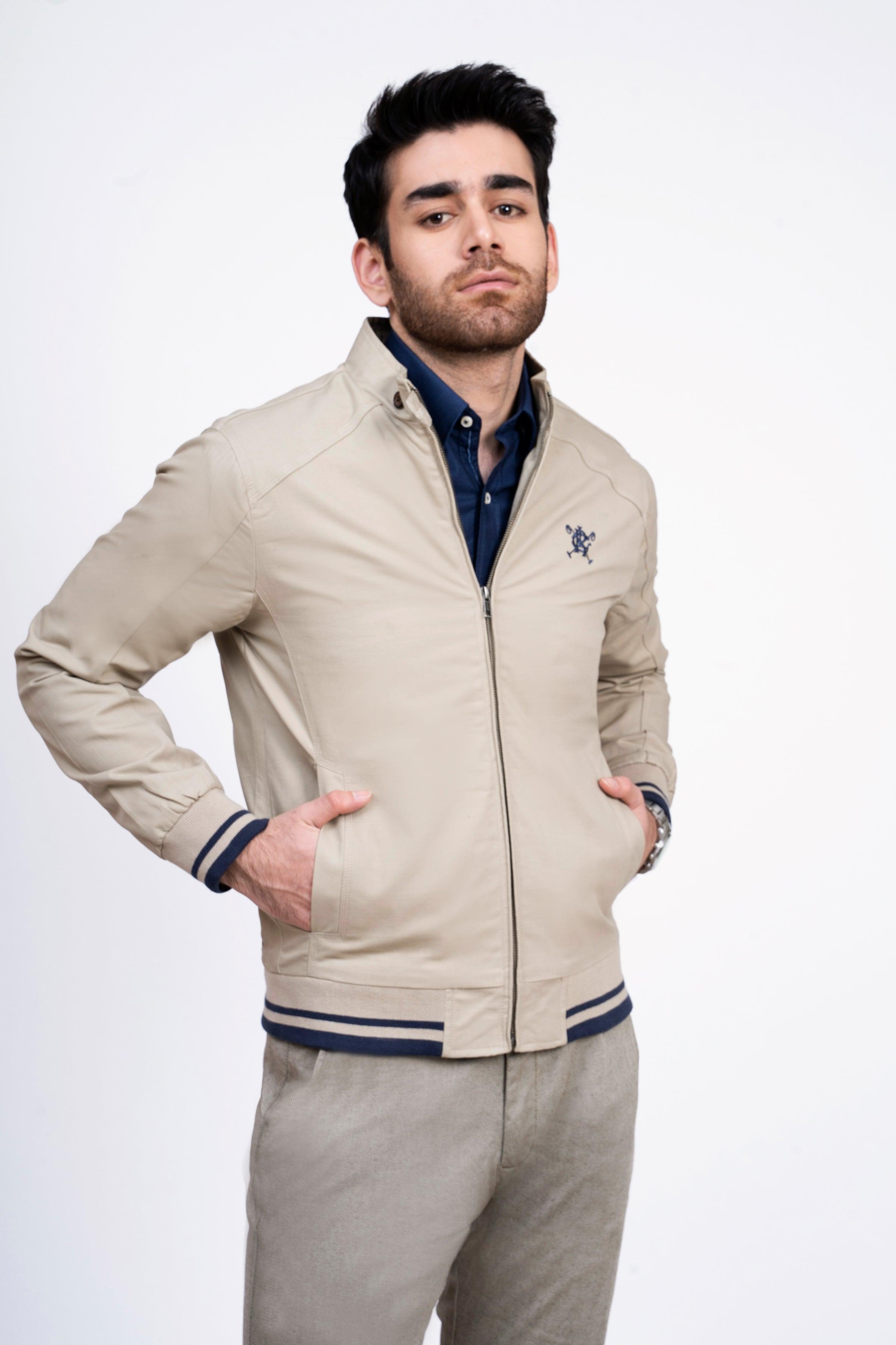 JACKET TIPPING BAN COLLAR LIGHT KHAKI at Charcoal Clothing