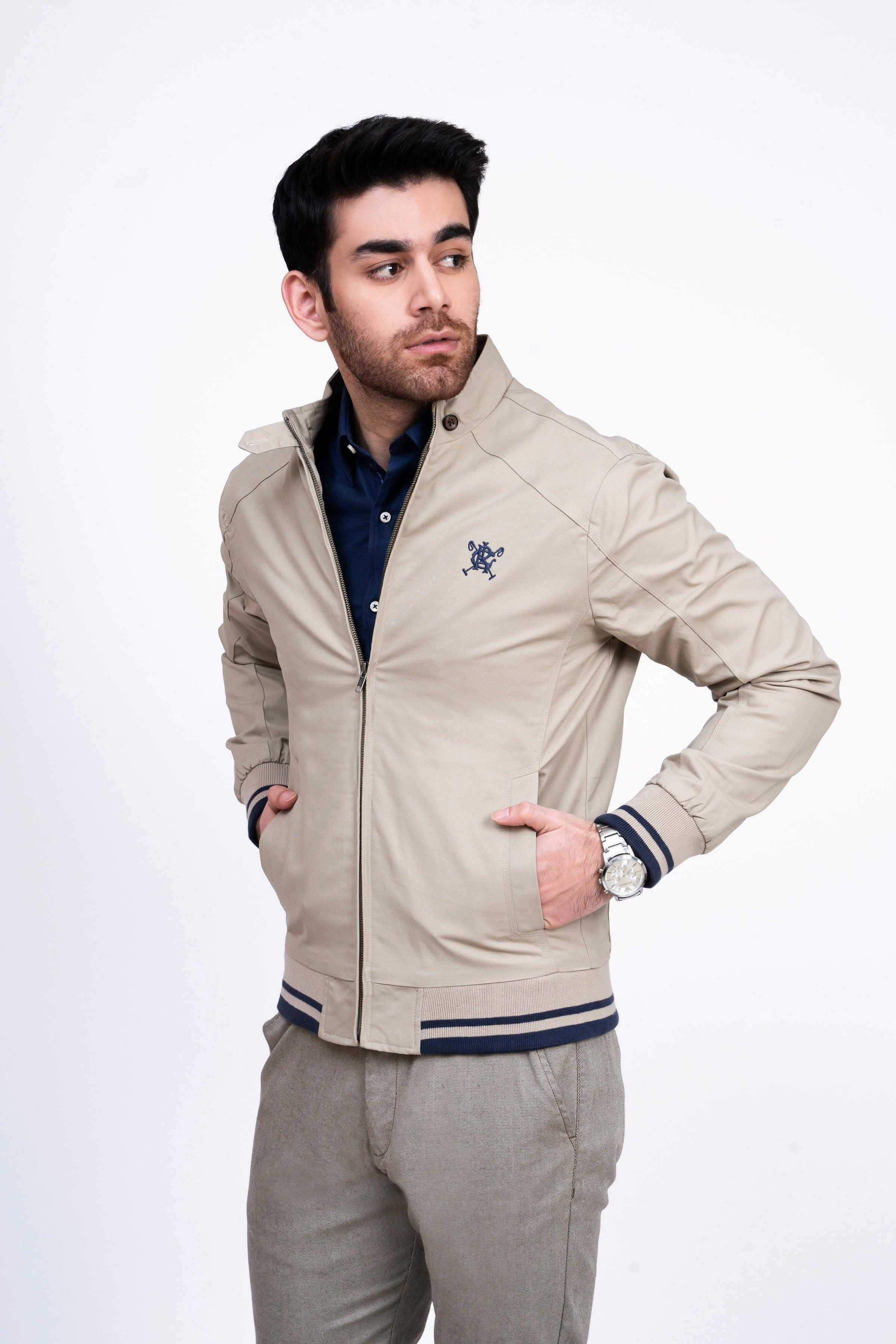 JACKET TIPPING BAN COLLAR LIGHT KHAKI at Charcoal Clothing