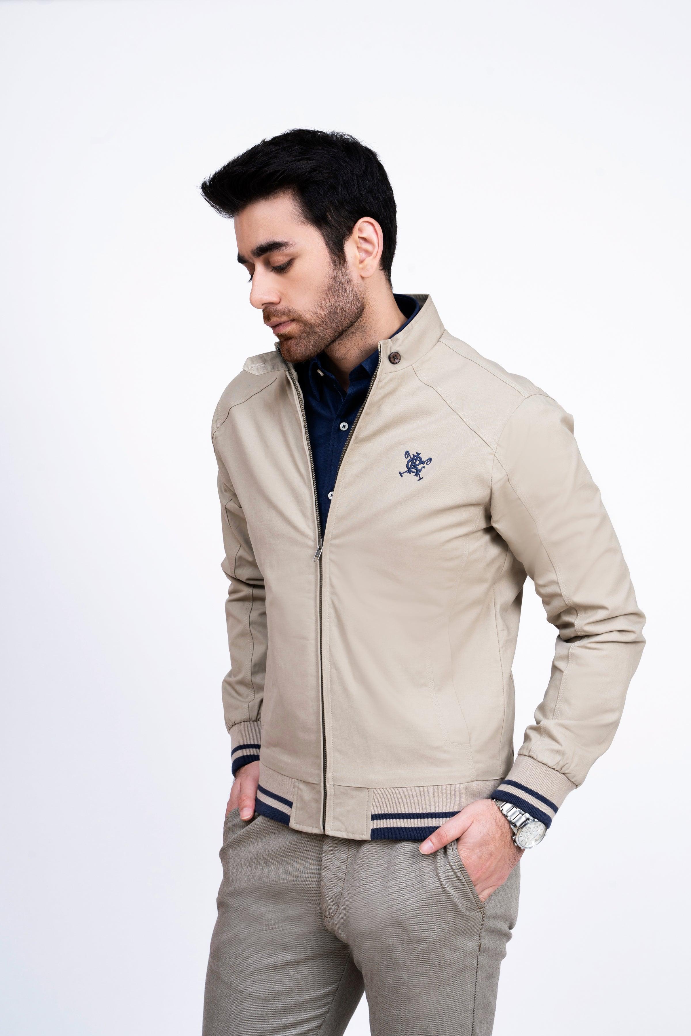 JACKET TIPPING BAN COLLAR LIGHT KHAKI at Charcoal Clothing