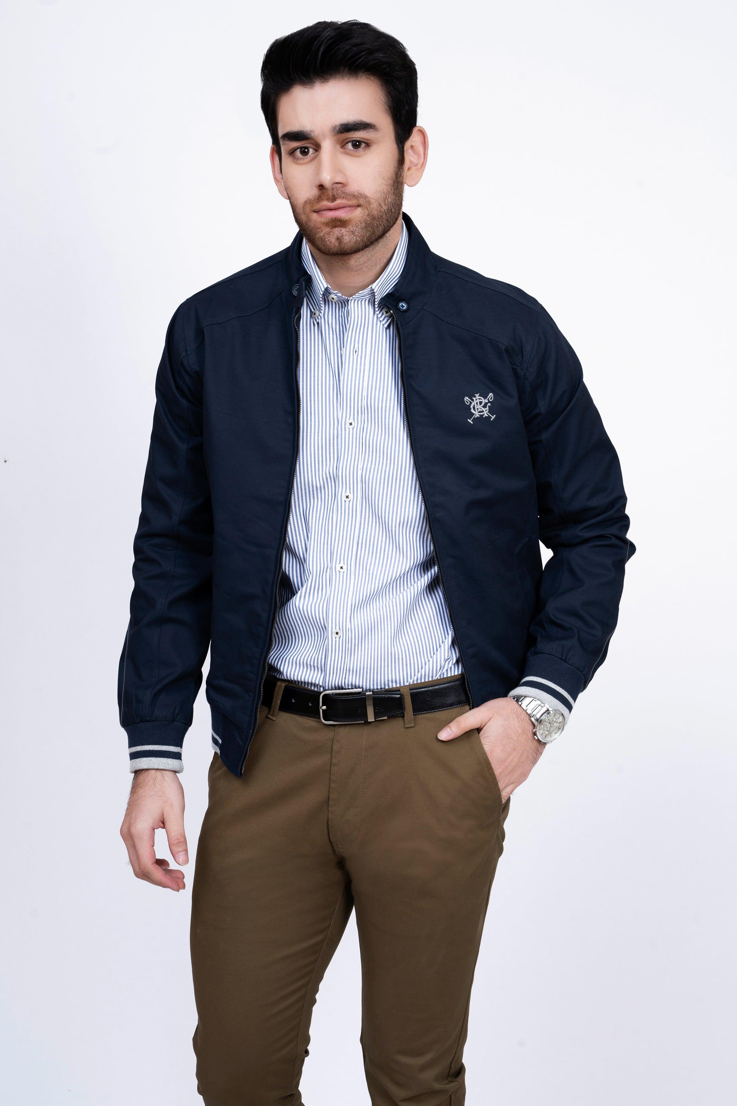 JACKET TIPPING BAN COLLAR NAVY at Charcoal Clothing