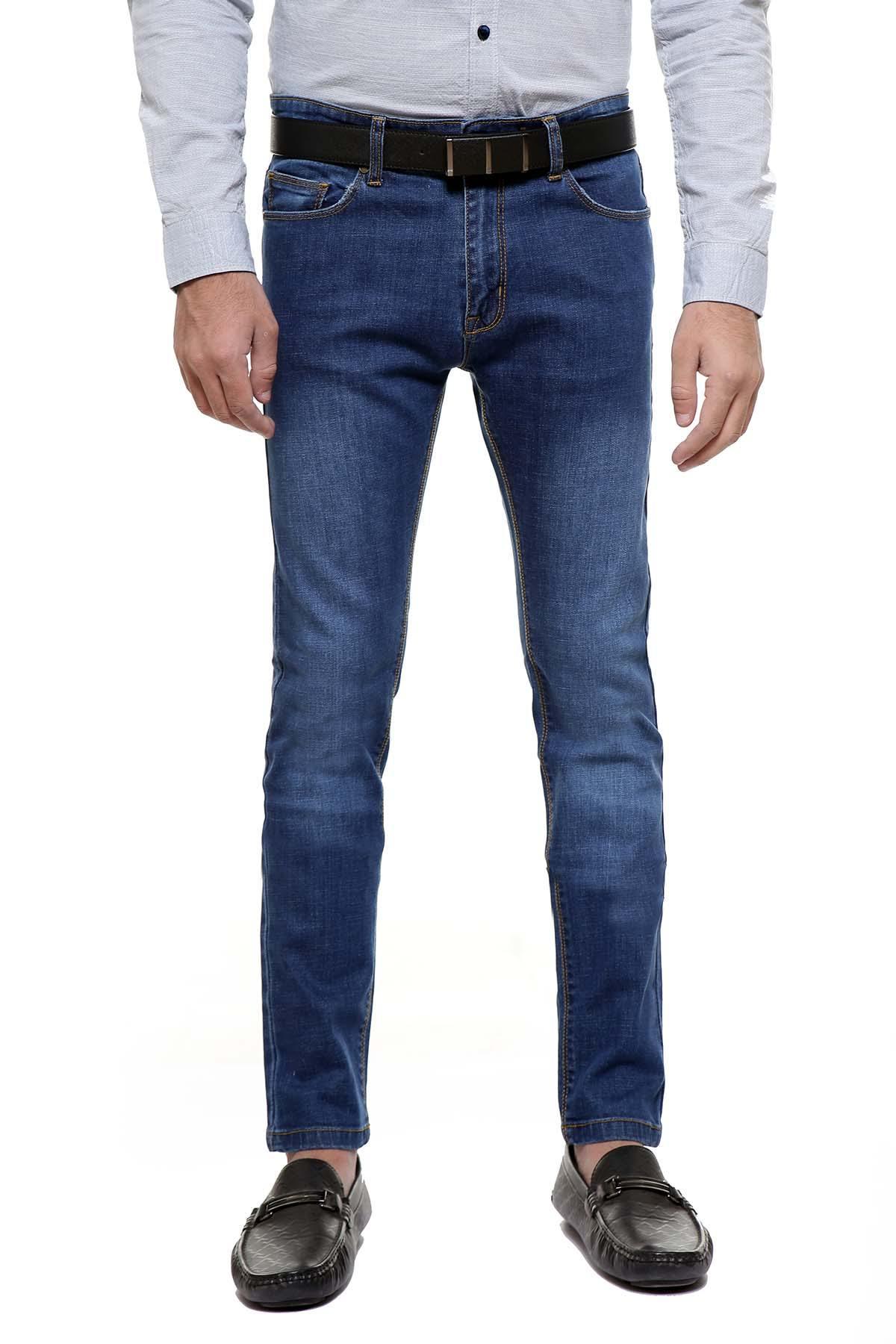 Light blue skinny fit jeans with black belt, button fly and straight leg