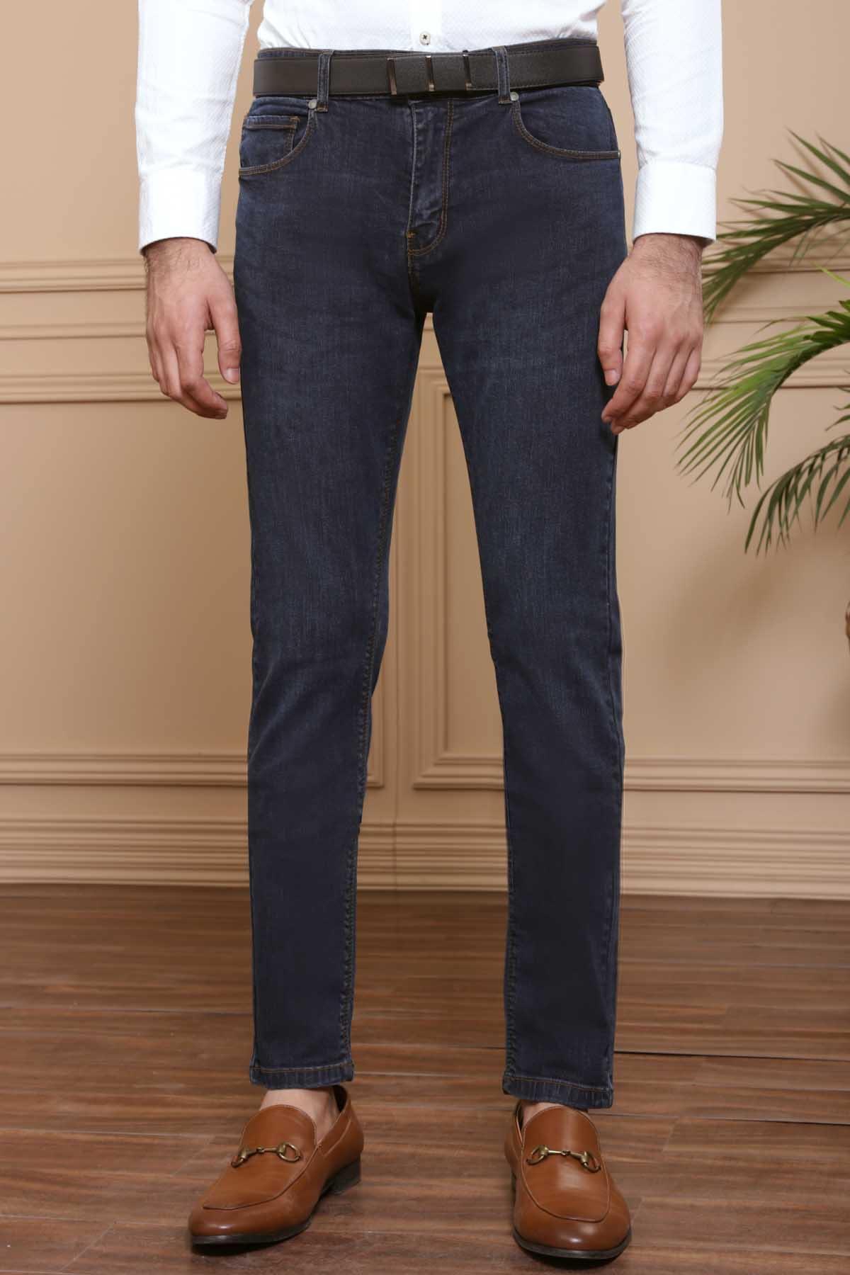 Slim-fit jeans, dark blue wash, button and zipper fly, front view