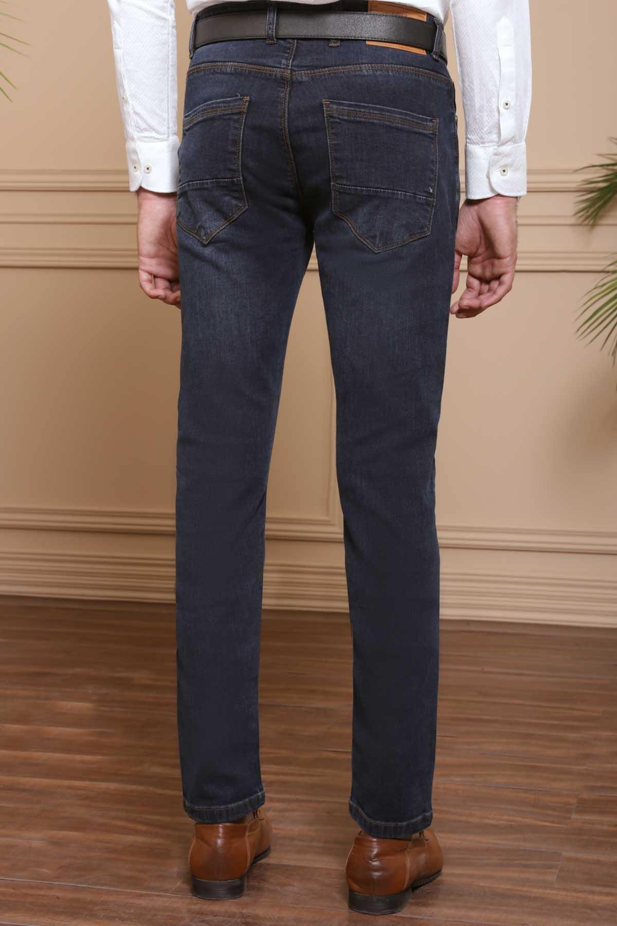 Slim-fit jeans, dark blue wash, rear view with back pockets