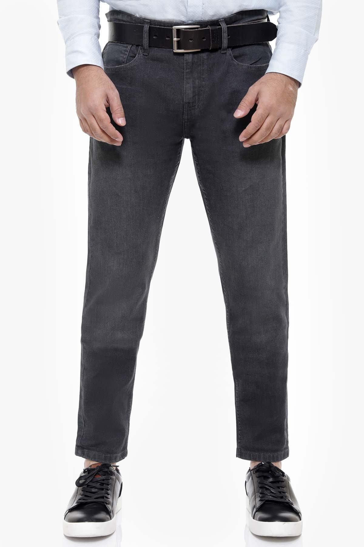 Slim-fit dark grey jeans, front view with belt and front pockets