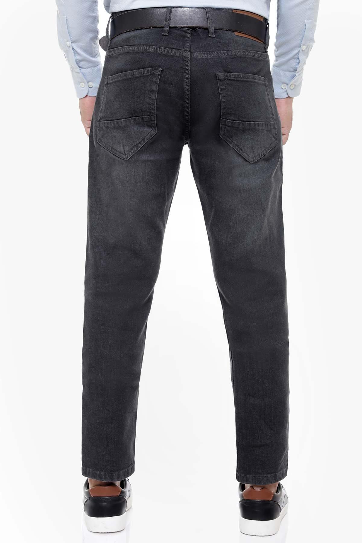 Slim-fit dark grey jeans, back view with rear pockets and belt loops