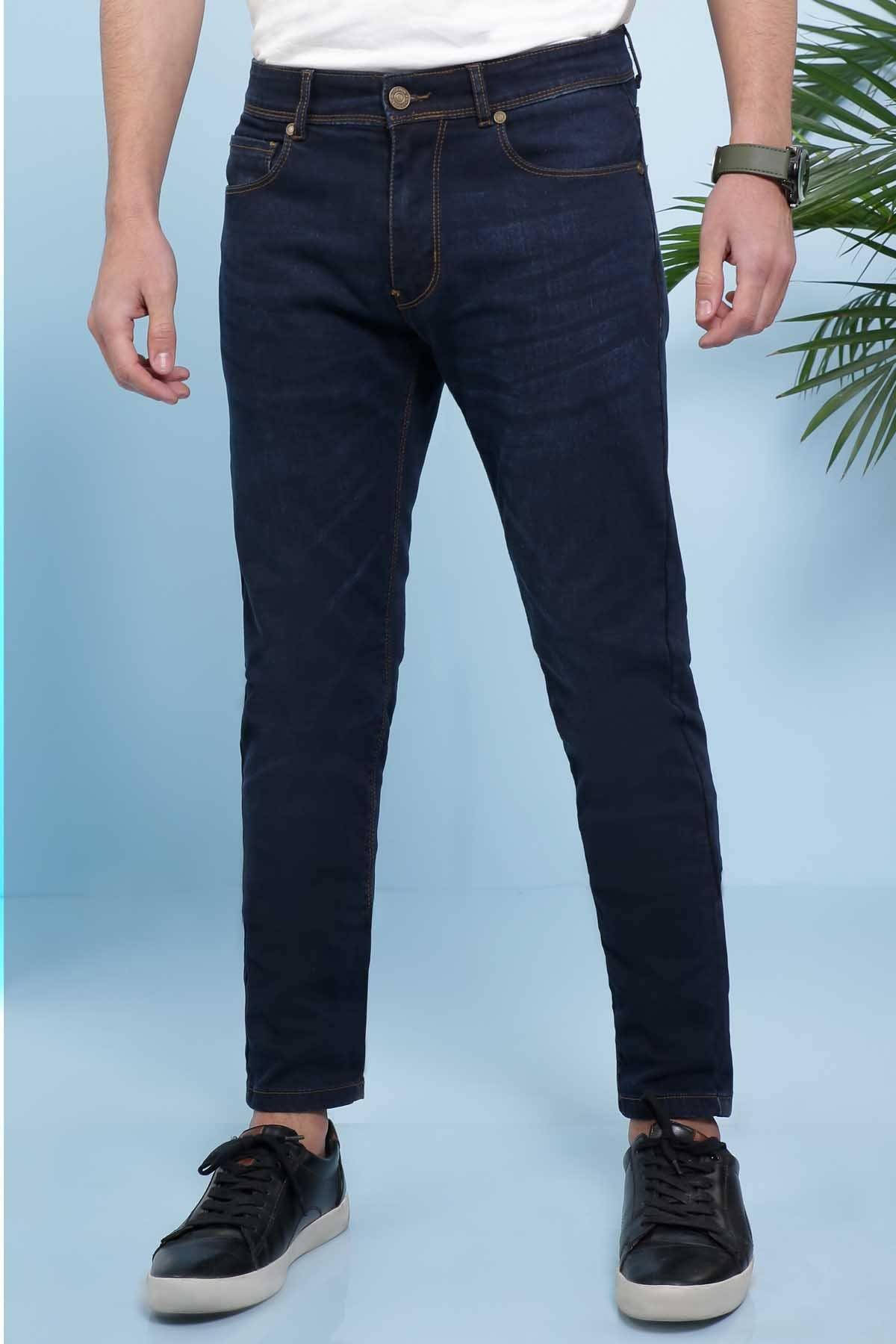 Slim fit mid navy jeans with button fly and belt loops