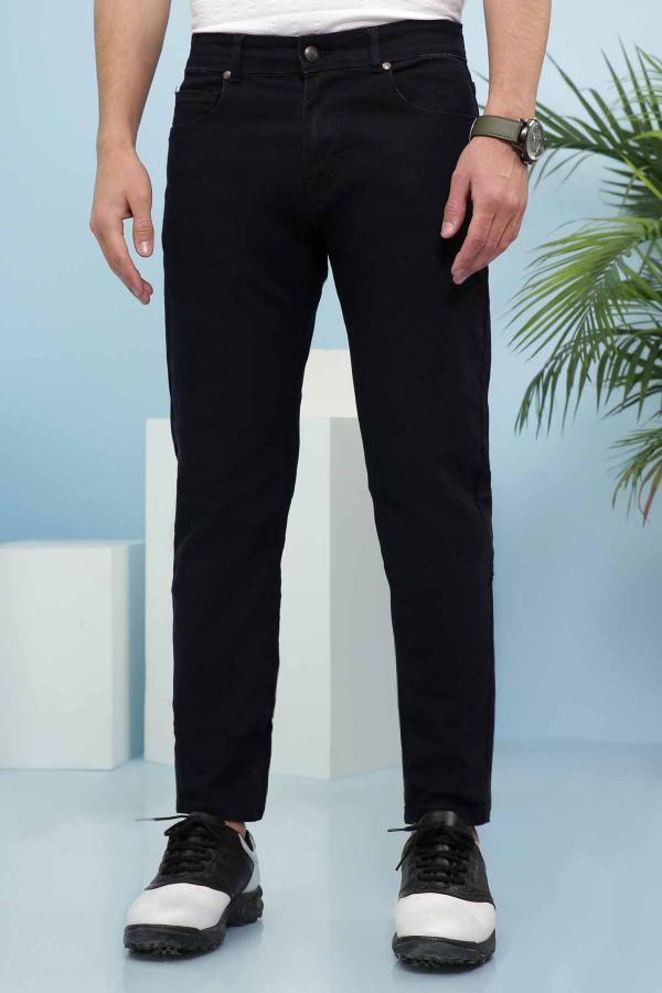 Slim-fit navy jeans with front button and zip, dark wash, belt loops