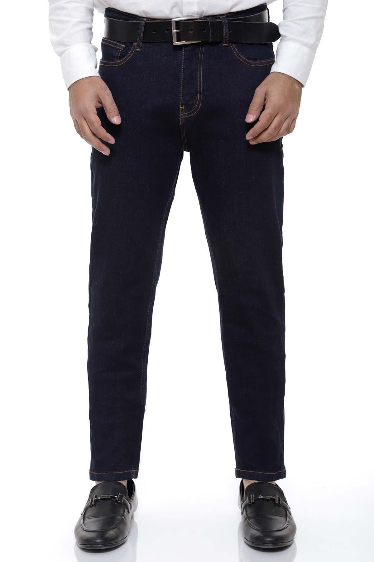 Navy slim-fit jeans with belt loops, front zipper fly, and straight front pockets