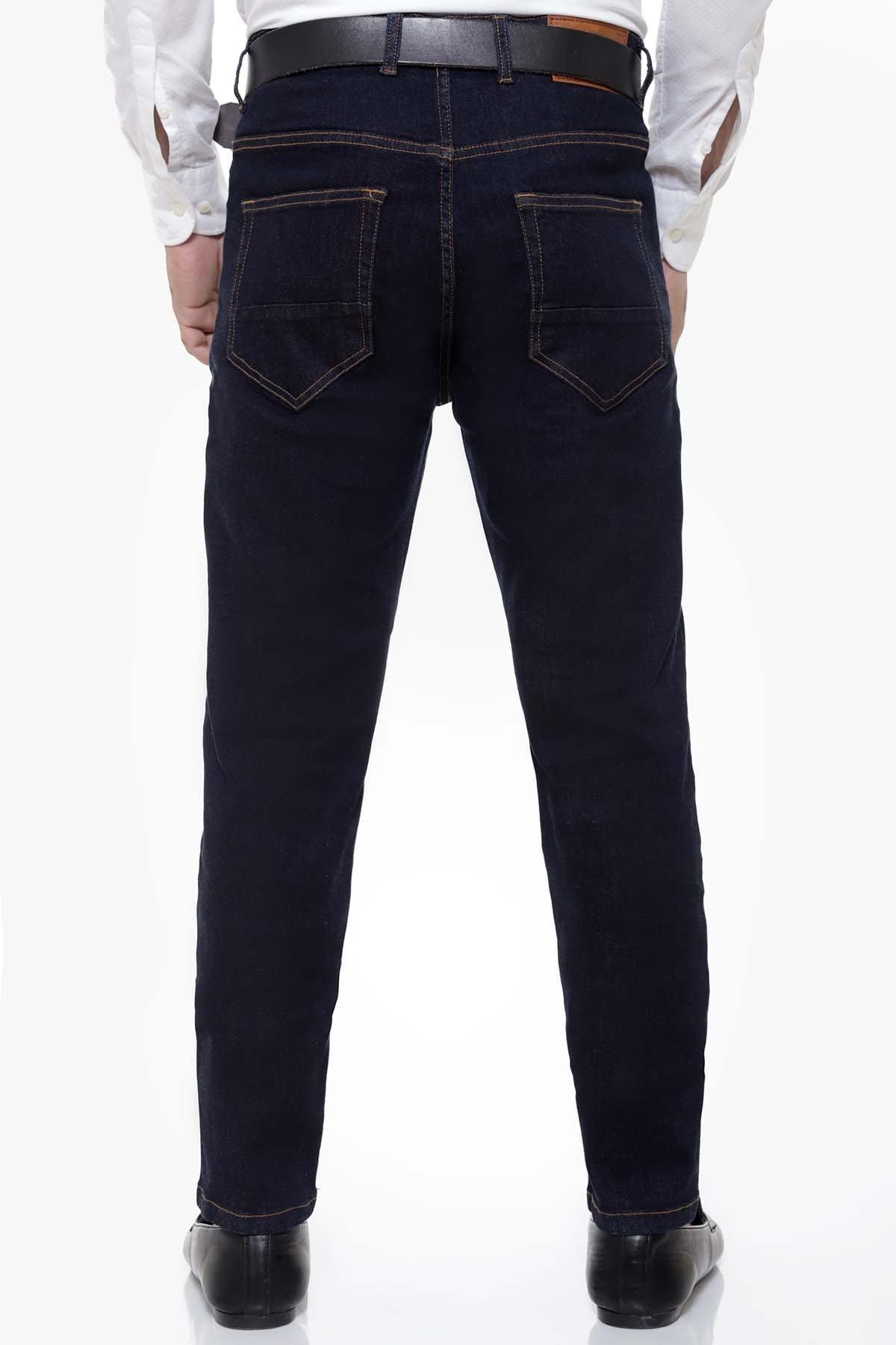 Dark navy slim-fit jeans with back yoke and two buttoned back pockets