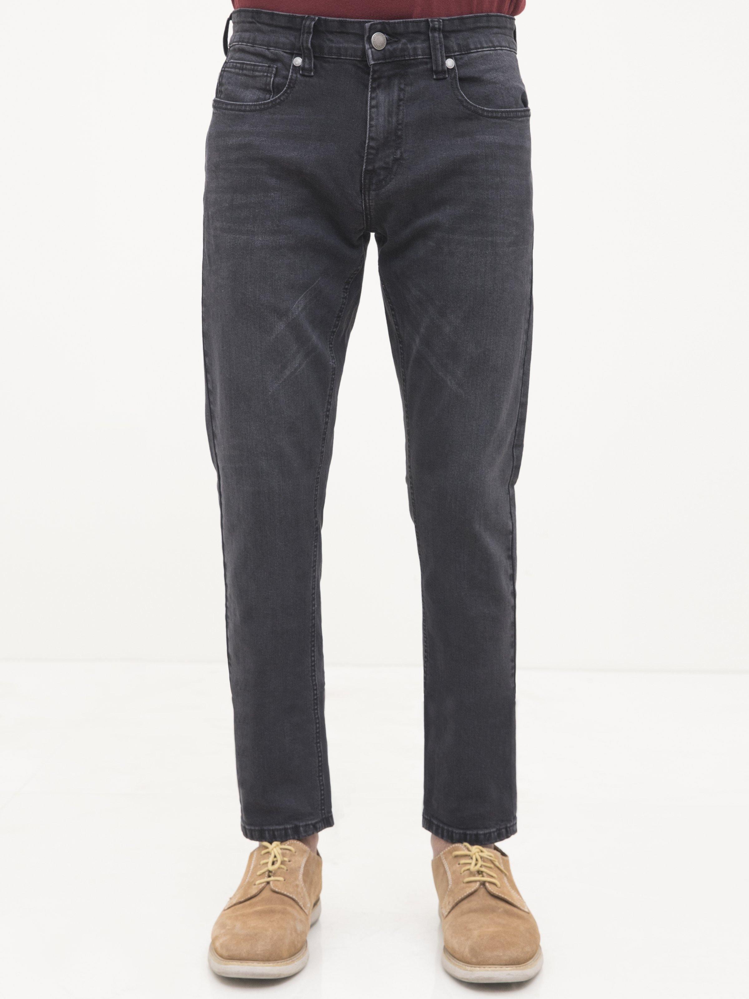 Dark grey slim-fit jeans, front view with slim straight legs and button fly.