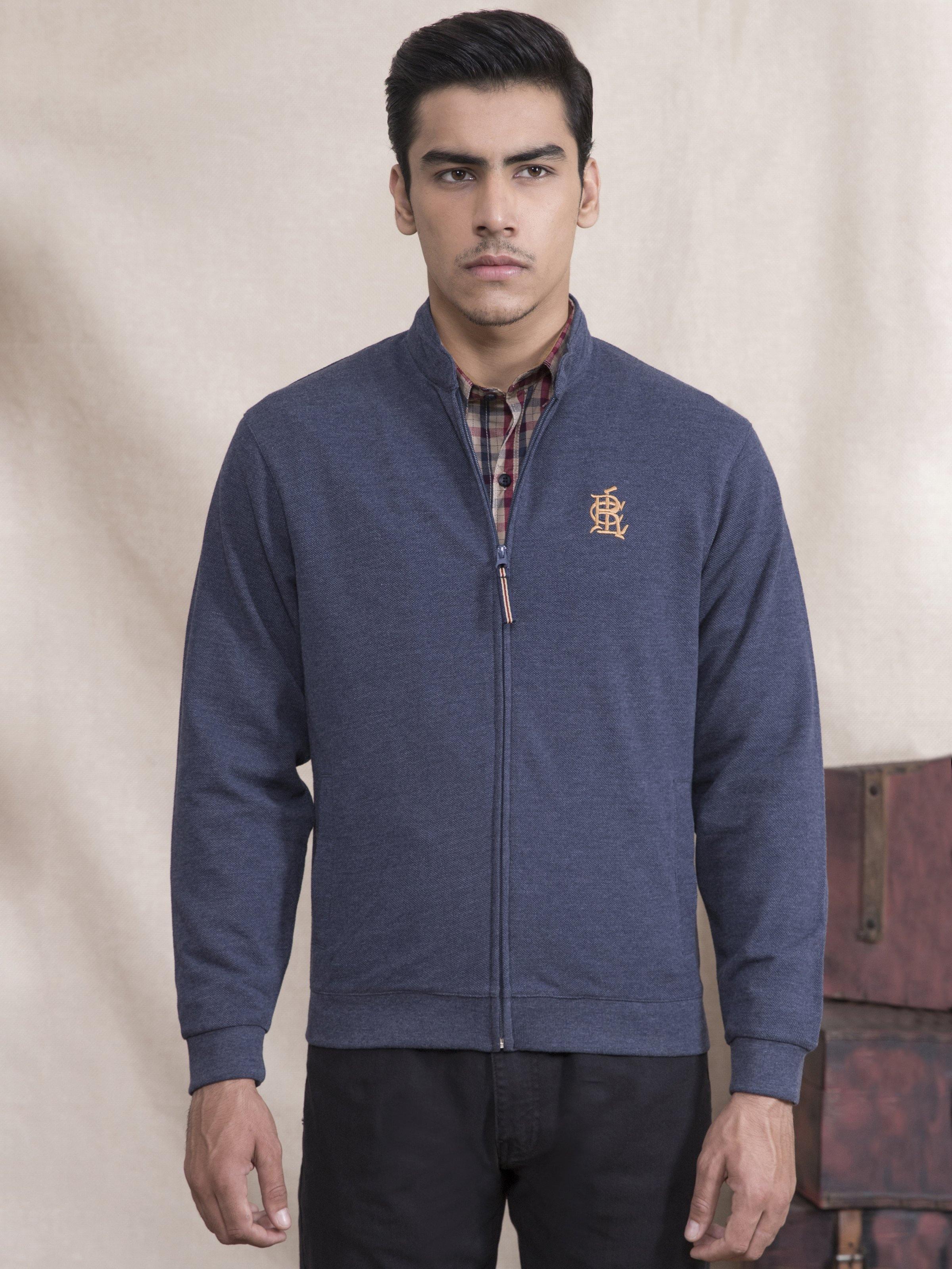 Navy blue zip-up knit jacket with stand collar and chest logo