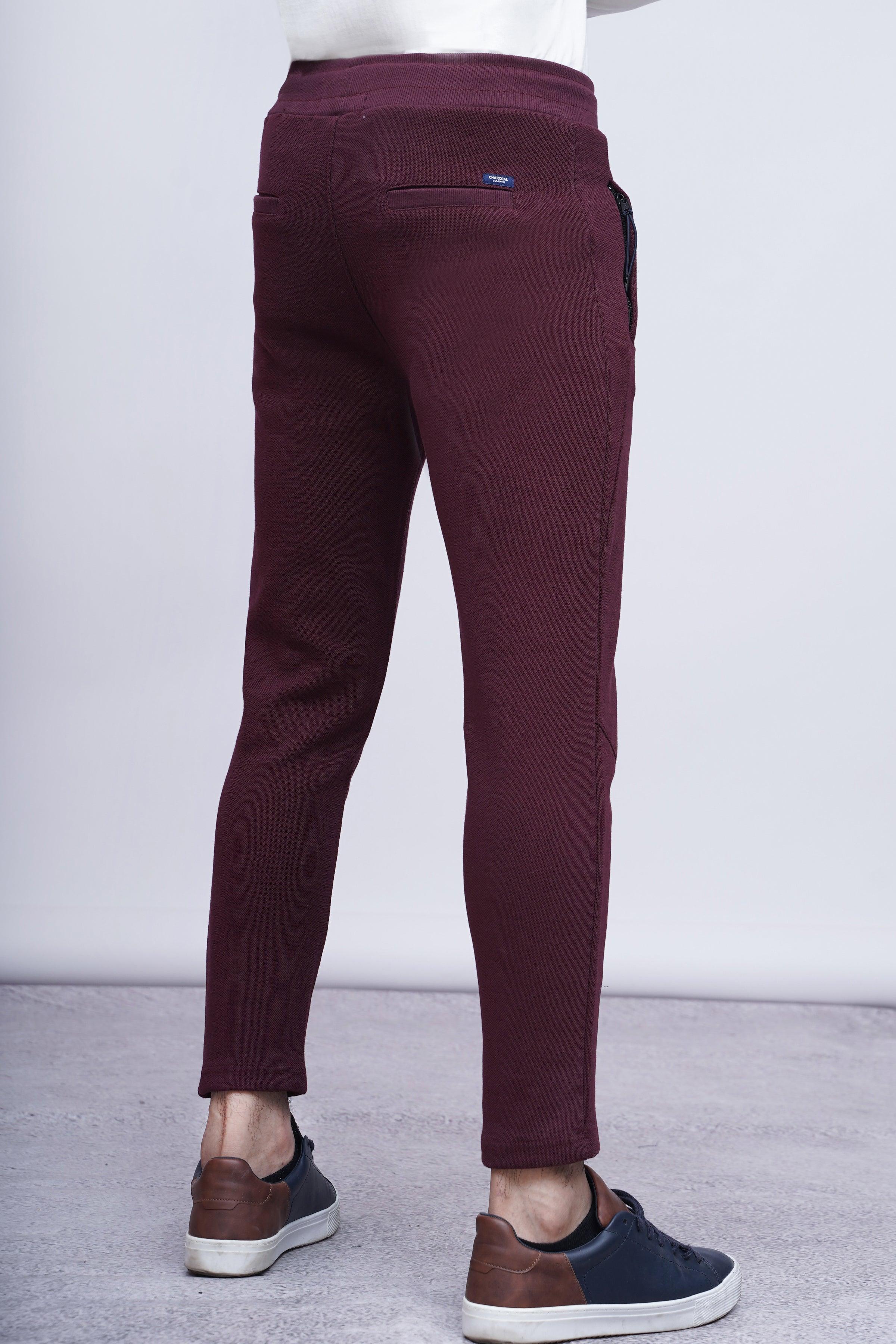 Maroon pique trousers, full front view with slim tapered legs