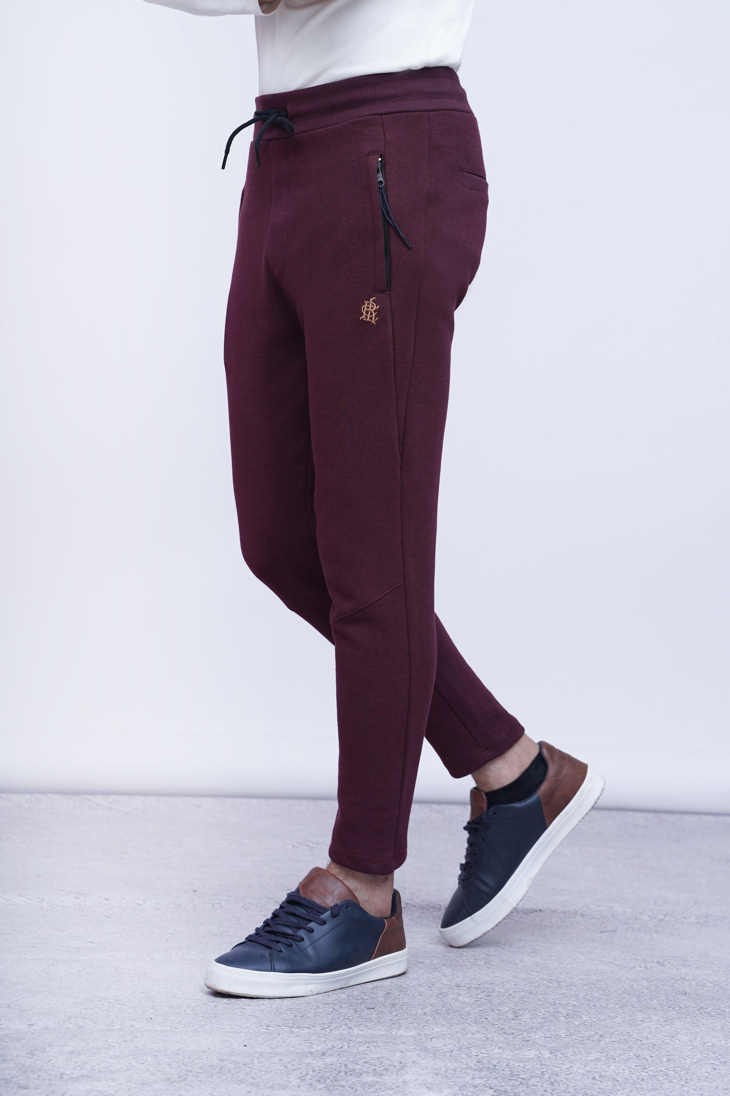 Maroon pique trouser pants with drawstring waist and side zip pocket