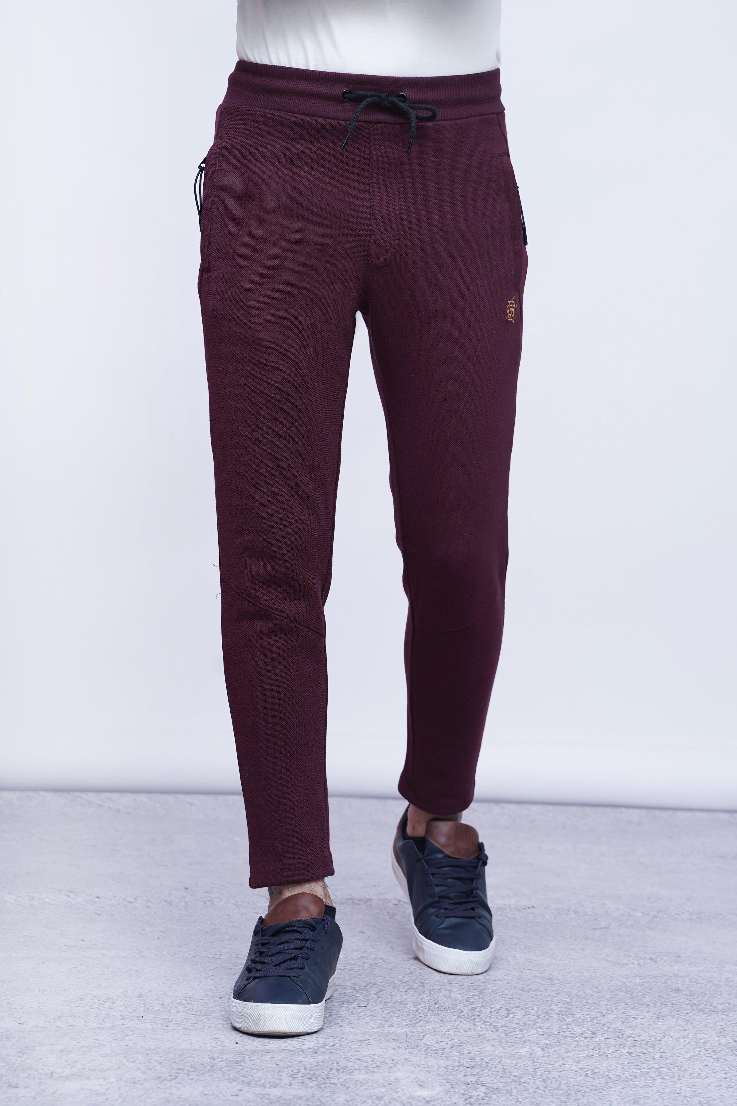 Maroon pique trousers with cuffed hem, drawstring waistband