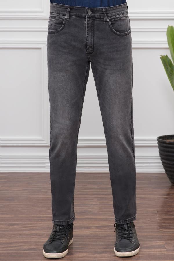 Dark grey slim-fit jeans with belt loops, button fly, and straight leg view