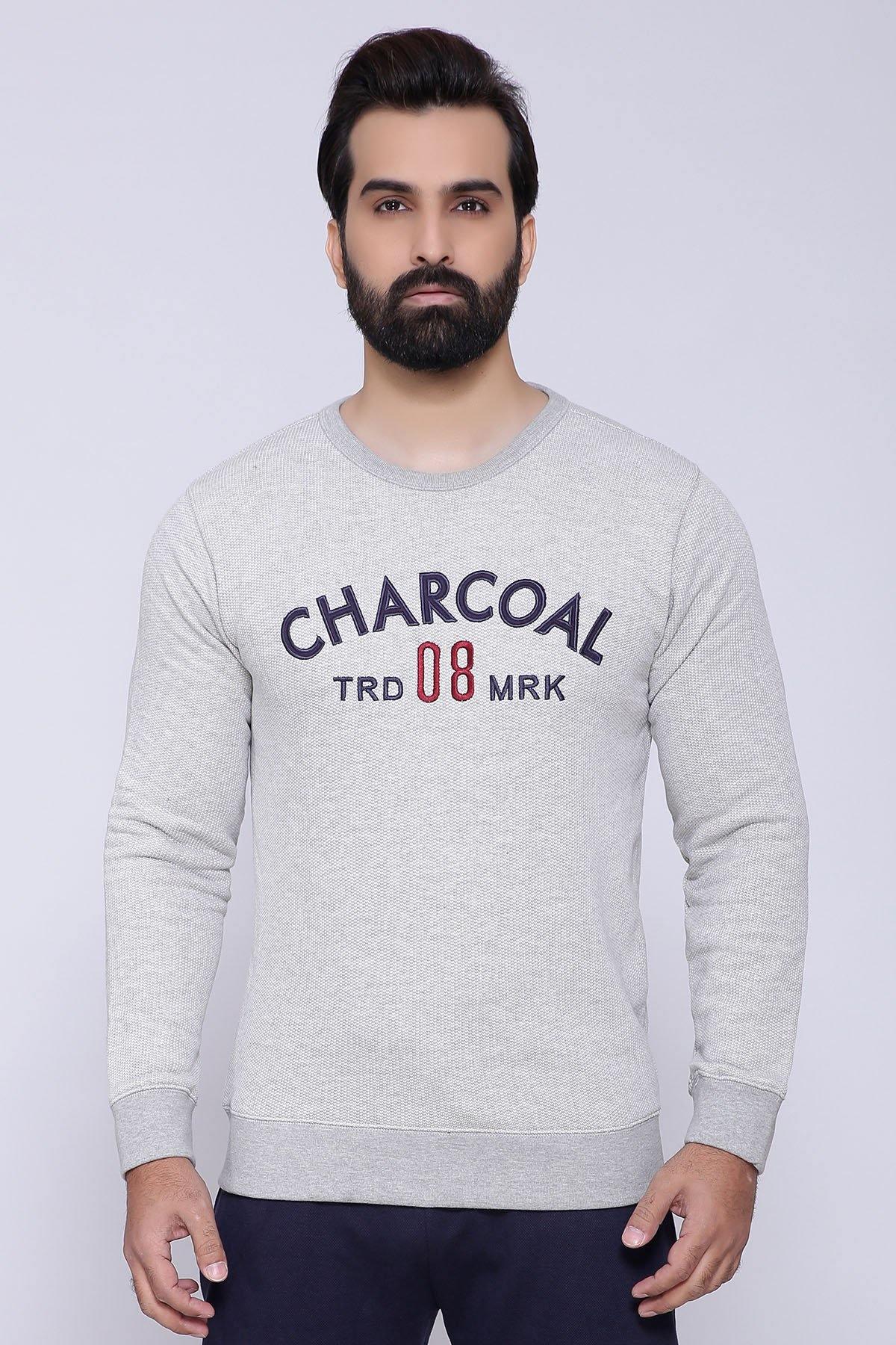 Grey crewneck sweatshirt with chest graphic text, long sleeves, ribbed cuffs and hem