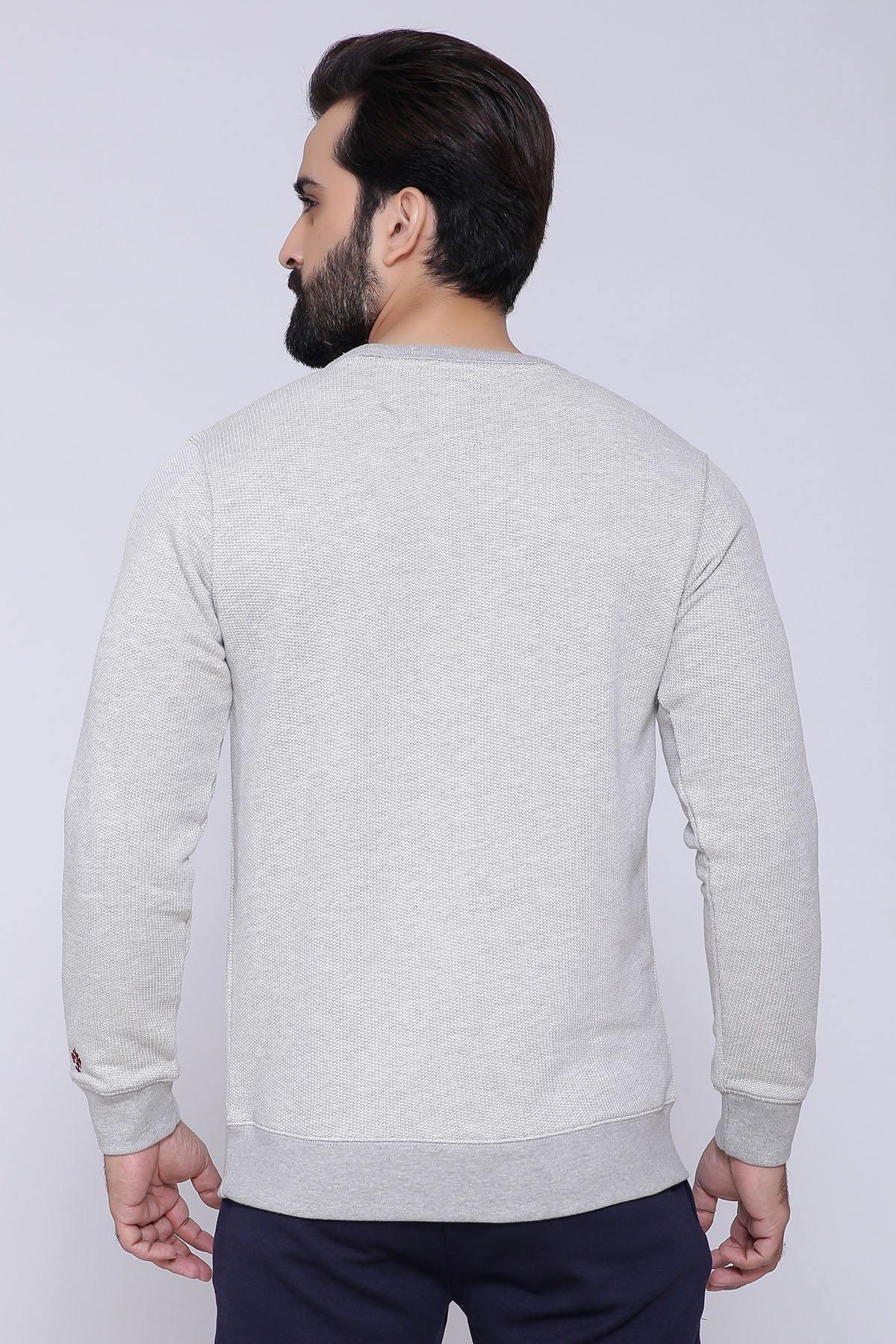 Grey crewneck sweatshirt, plain back view, long sleeves, ribbed cuffs and hem