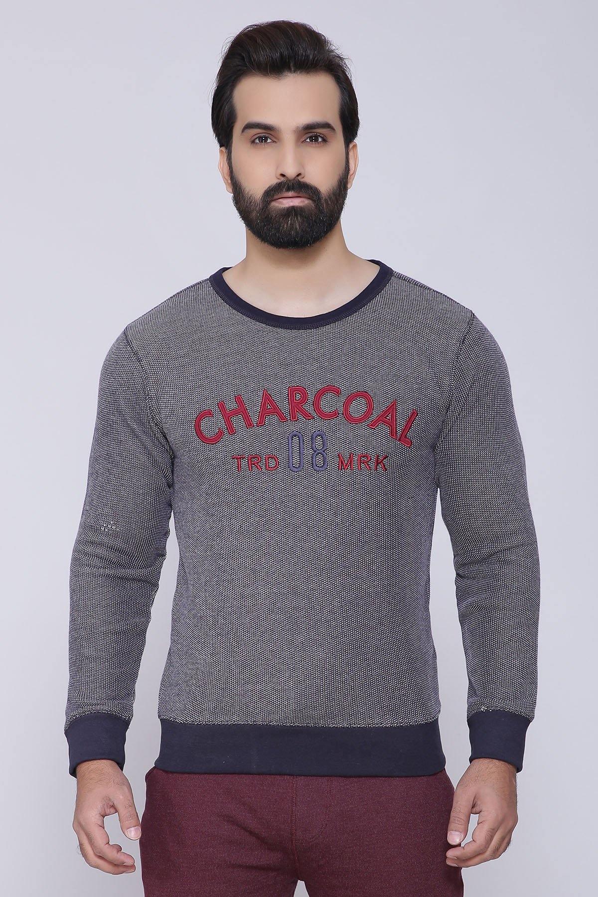 Crewneck sweatshirt in charcoal gray with navy rib trim and red cross-stitch graphic