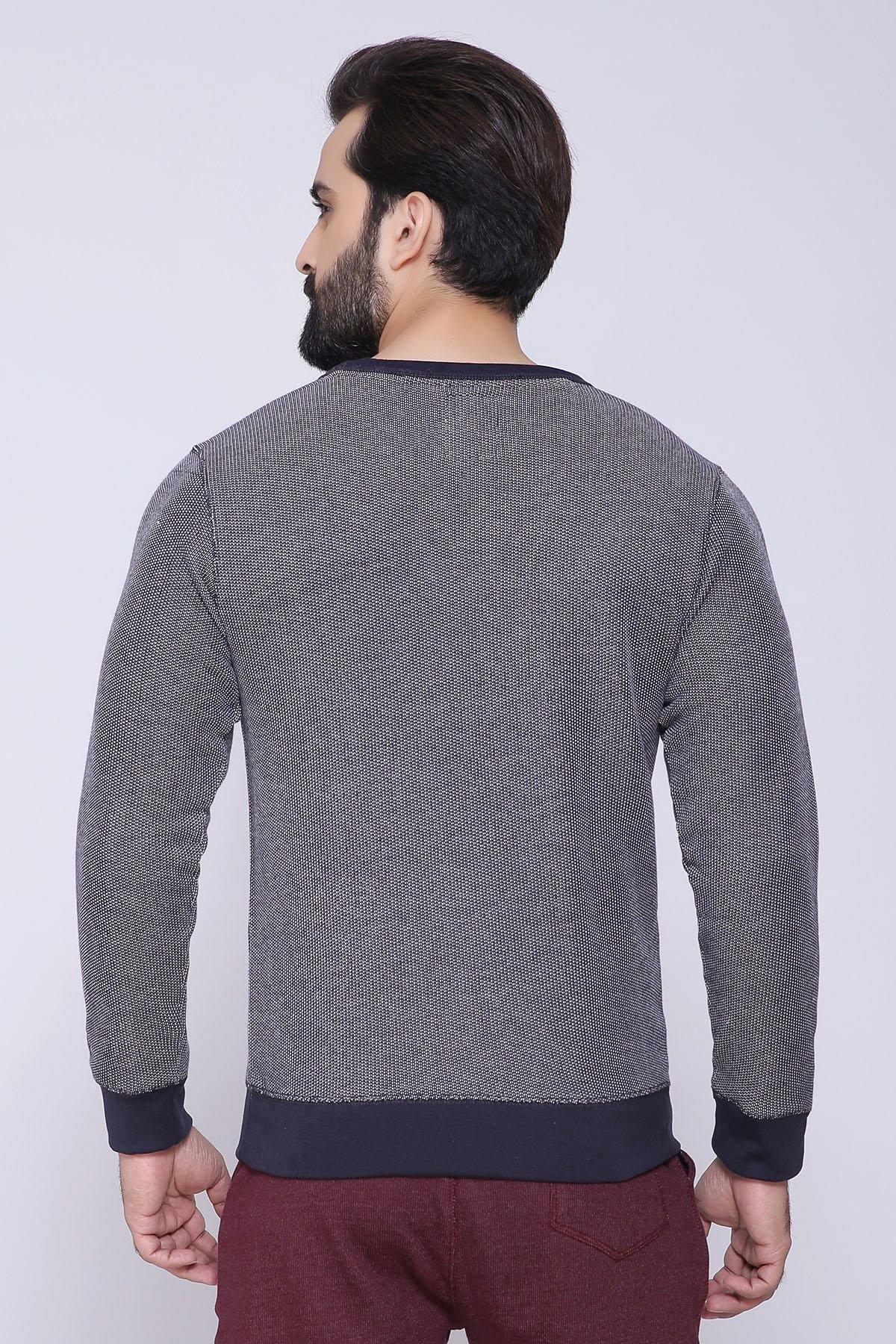 Back of crewneck sweatshirt in charcoal gray with navy rib trim and hem band