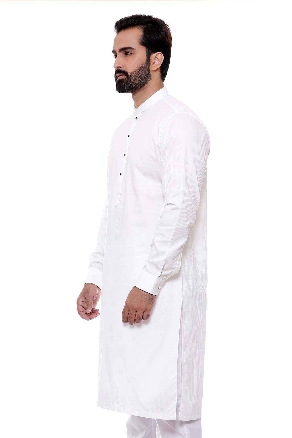 Men's white long tunic with band collar and button placket, side view