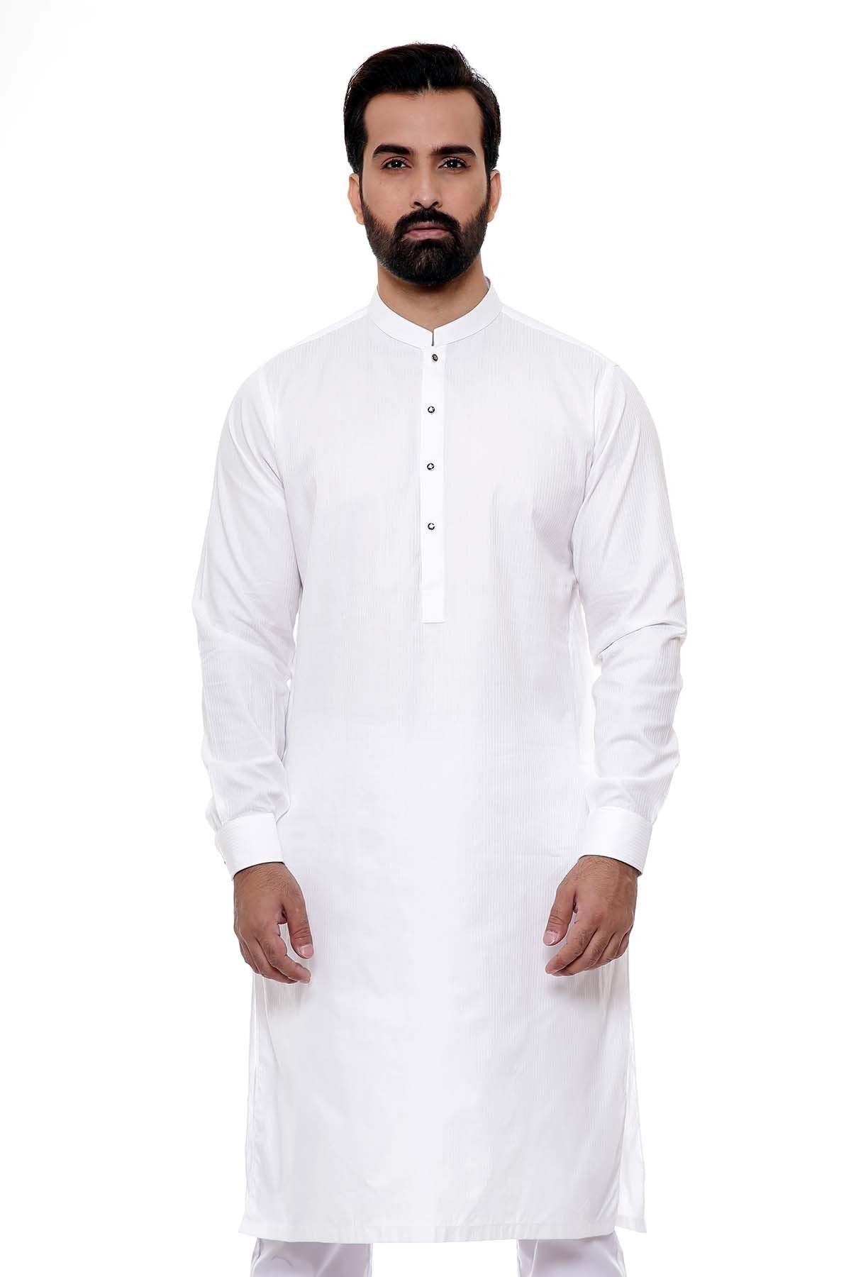 Men's white tunic with band collar and three-button placket, long sleeves
