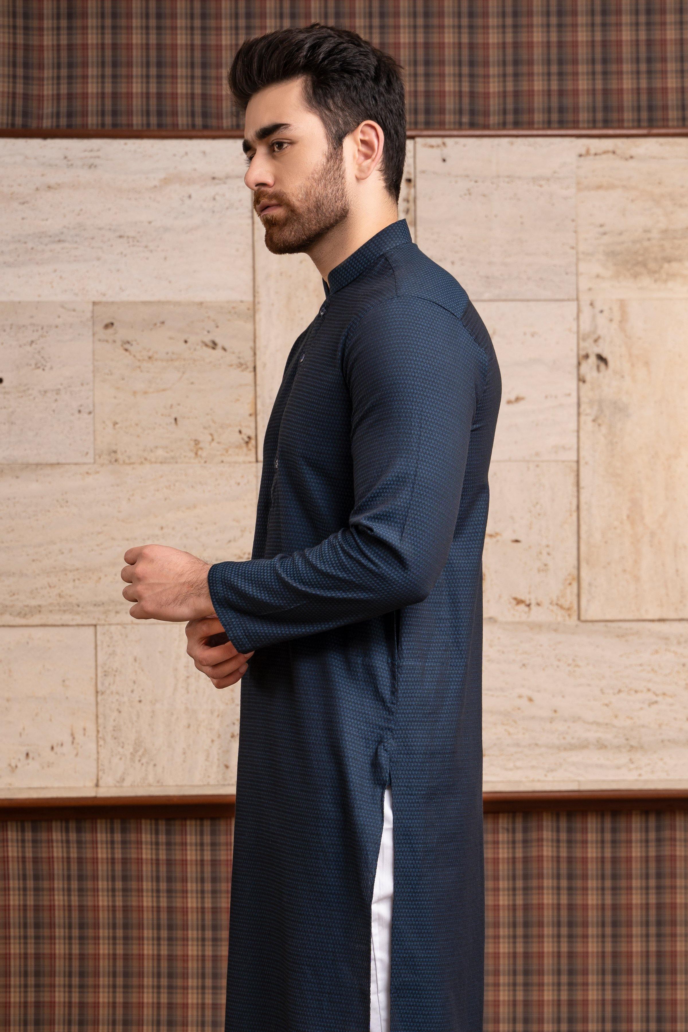 KURTA BAN COLLAR BLACK BLUE at Charcoal Clothing