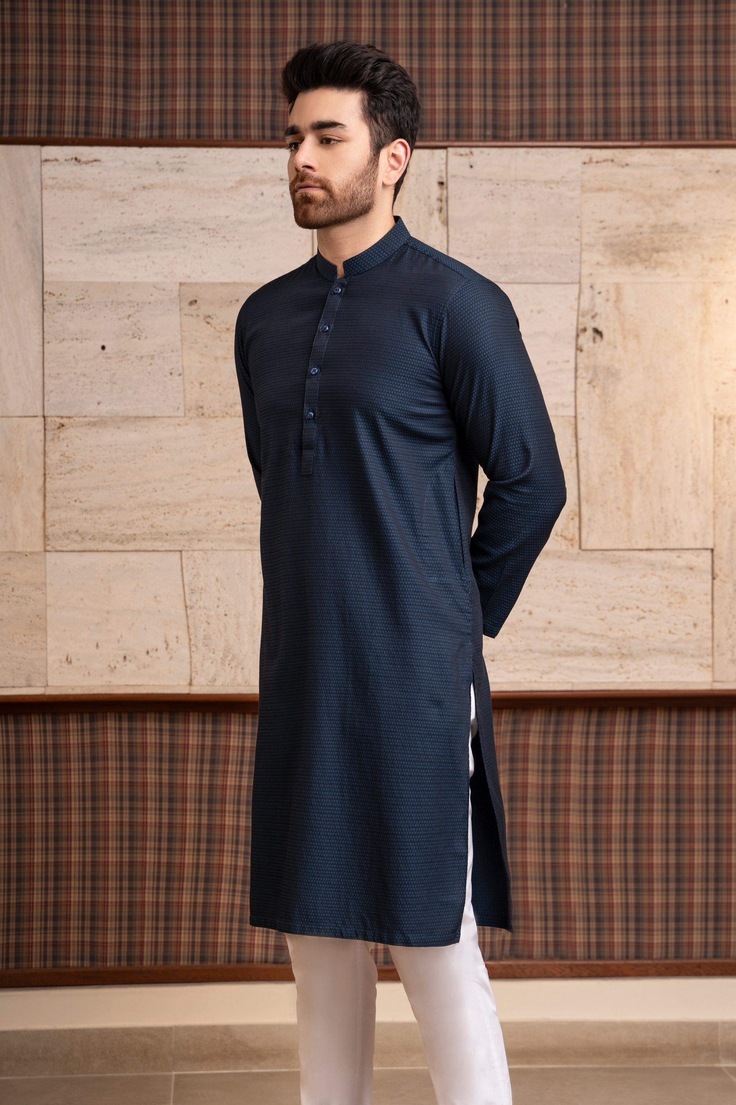 KURTA BAN COLLAR BLACK BLUE at Charcoal Clothing