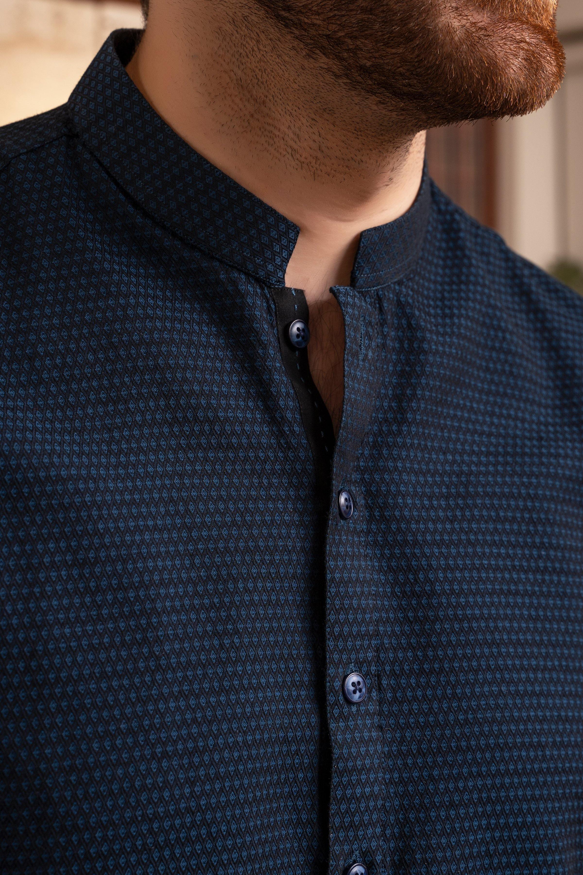 KURTA BAN COLLAR BLACK BLUE at Charcoal Clothing