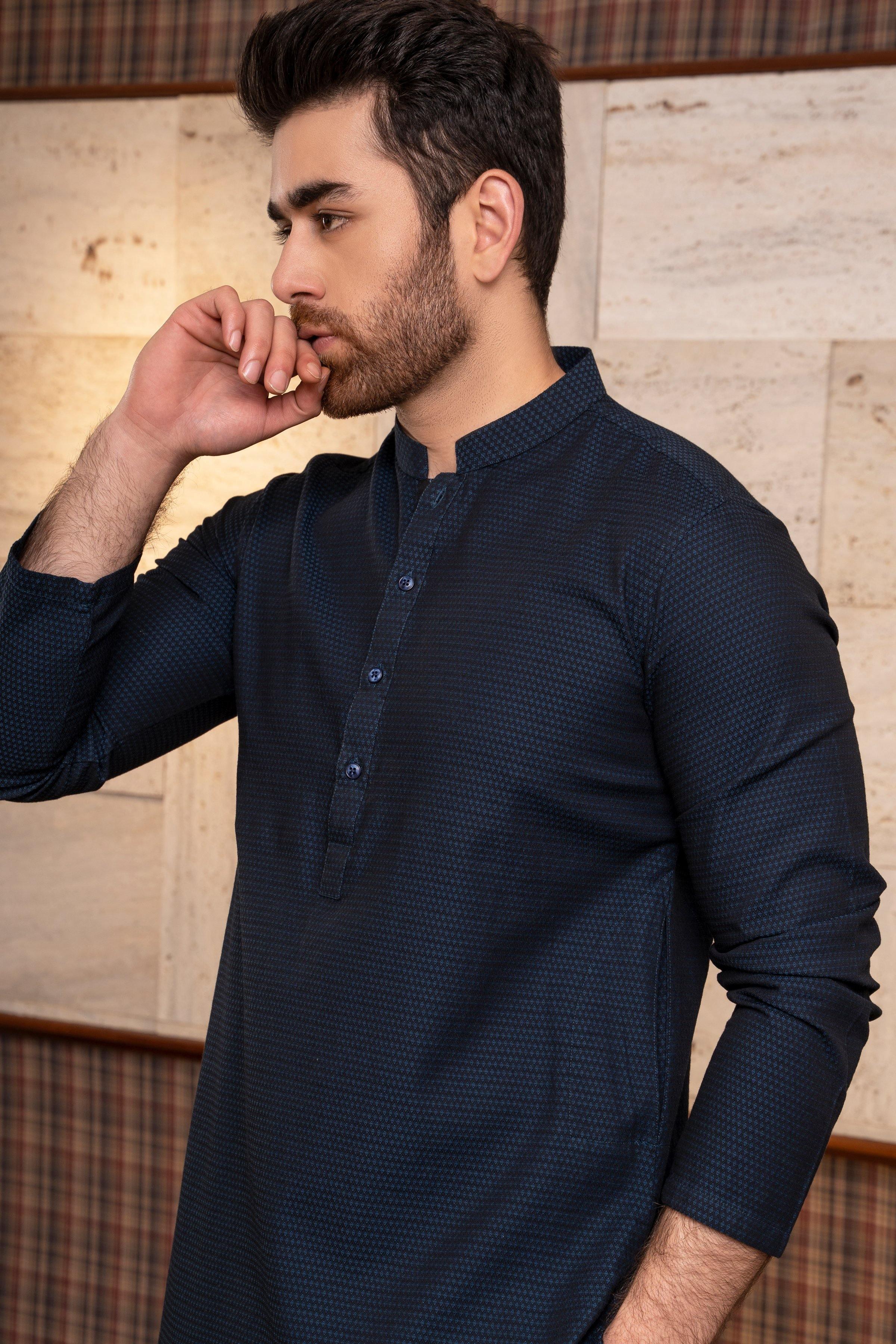 KURTA BAN COLLAR BLACK BLUE at Charcoal Clothing
